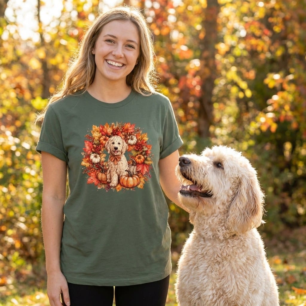 Cream Goldendoodle Fall Wreath T-Shirt in by Puppy Jo
