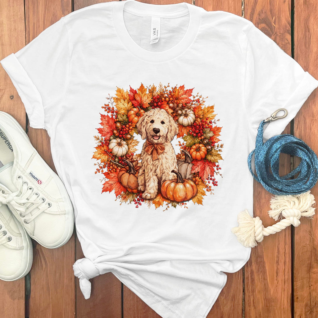 Cream Goldendoodle Fall Wreath T-Shirt in White / S by Puppy Jo
