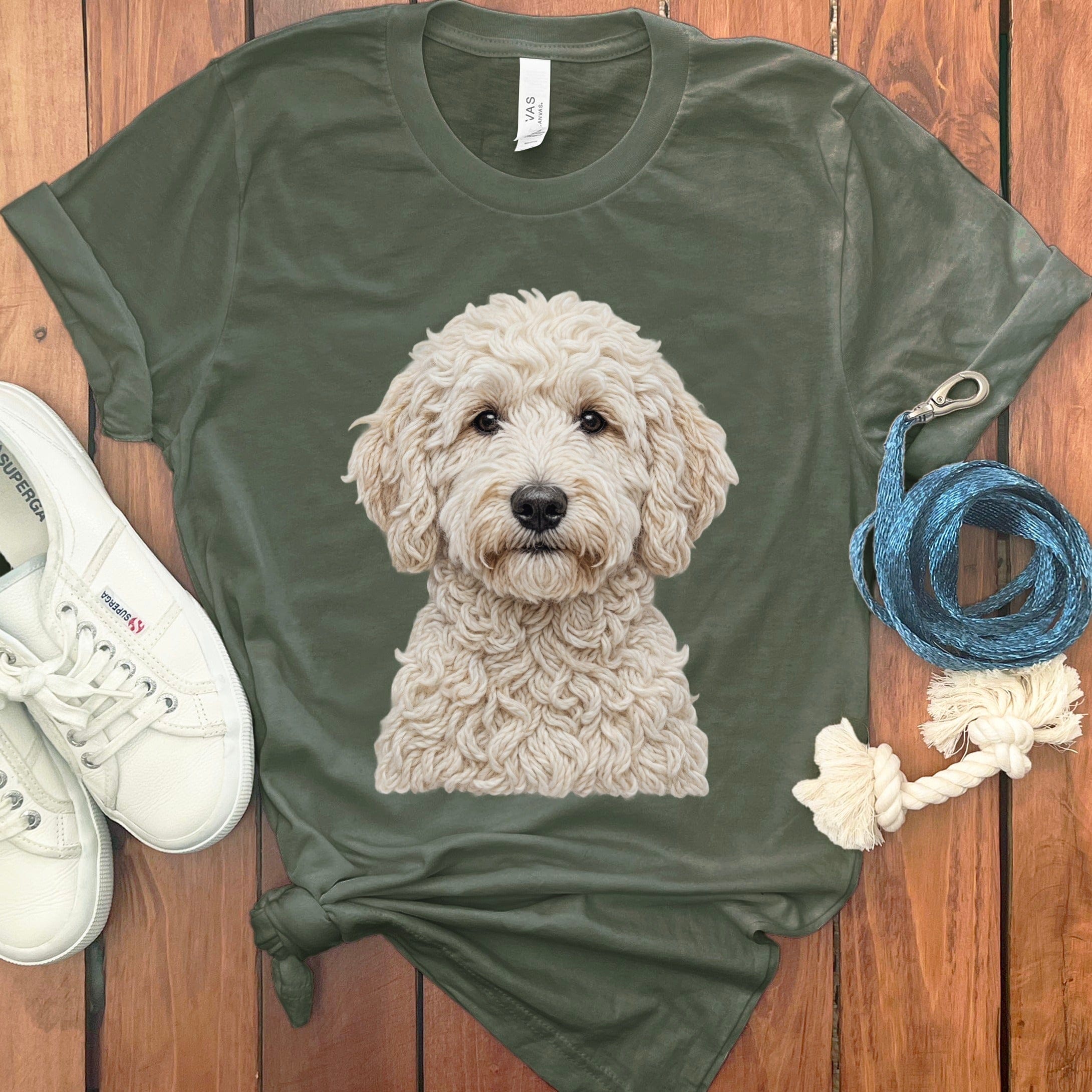 Cream Goldendoodle Faux Yarn Knit T-Shirt in Military Green / S by Puppy Jo