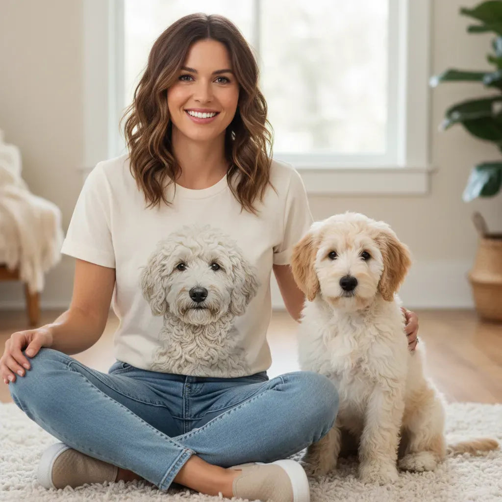 Cream Goldendoodle Faux Yarn Knit T-Shirt in by Puppy Jo