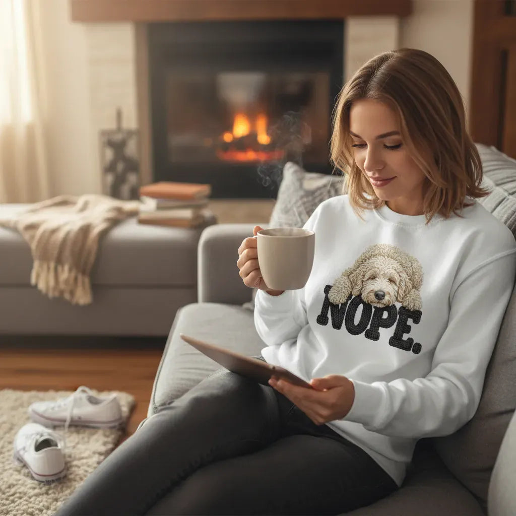 Cream Goldendoodle Faux Yarn Nope Sweatshirt in by Puppy Jo