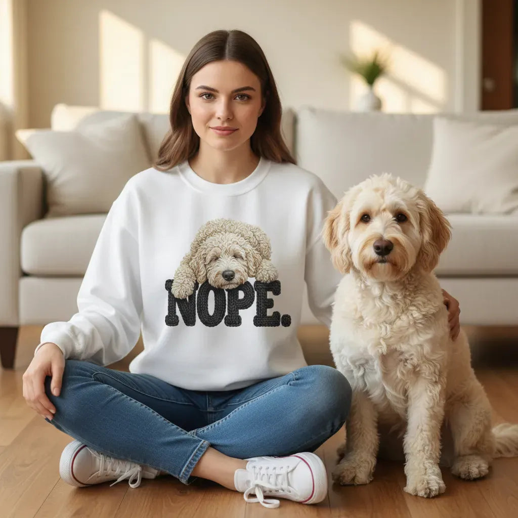 Cream Goldendoodle Faux Yarn Nope Sweatshirt in by Puppy Jo