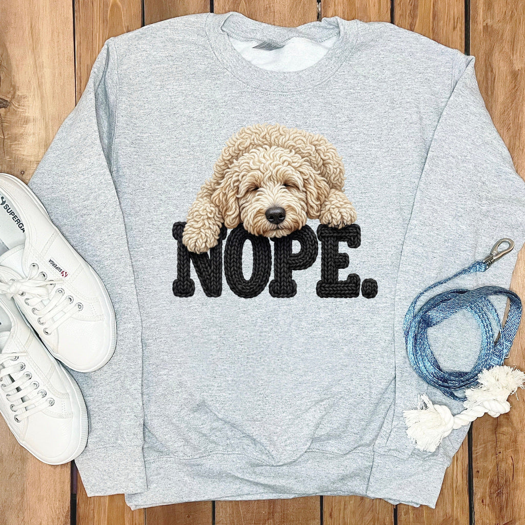 Cream Goldendoodle Faux Yarn Nope Sweatshirt in Sport Grey / S by Puppy Jo