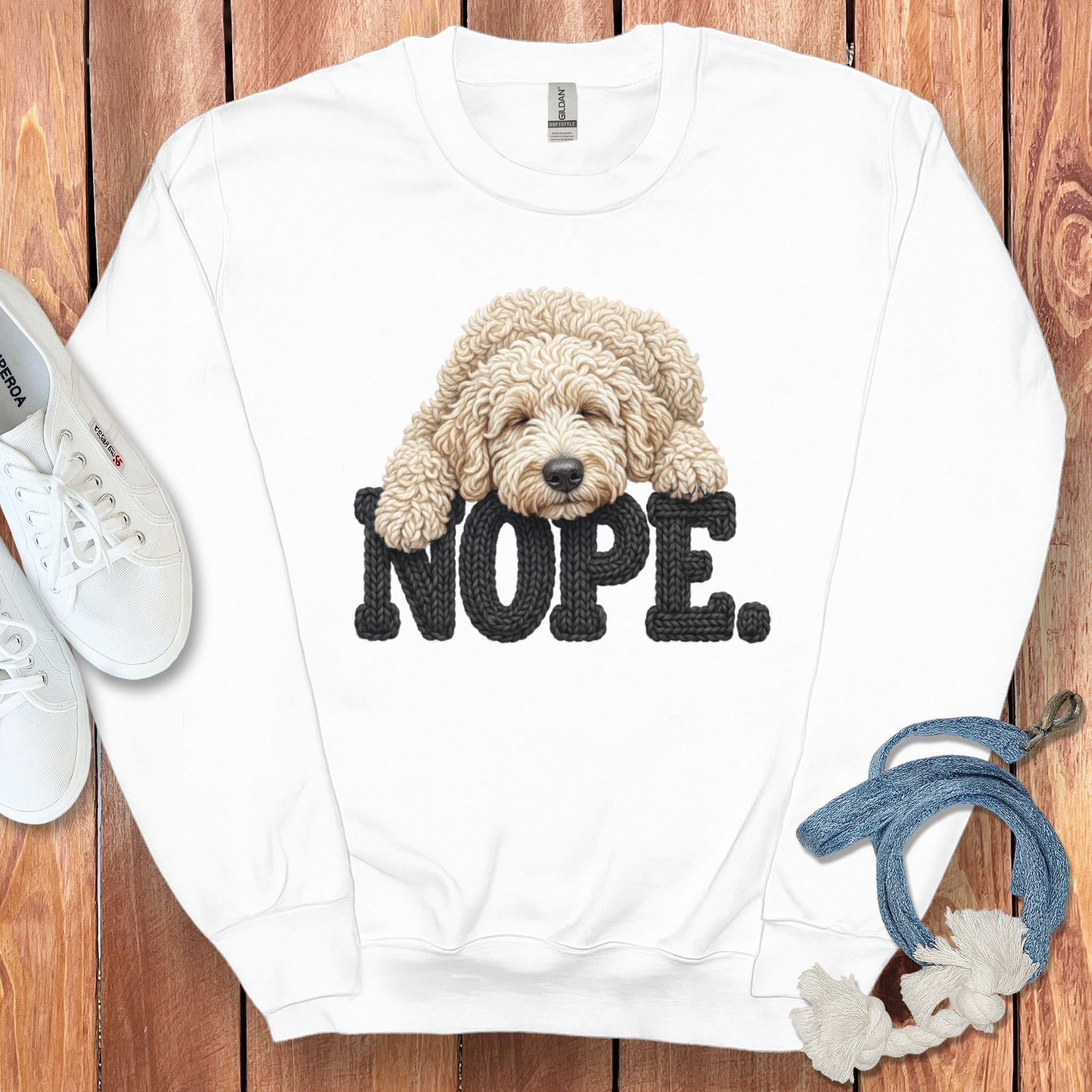 Cream Goldendoodle Faux Yarn Nope Sweatshirt in White / S by Puppy Jo