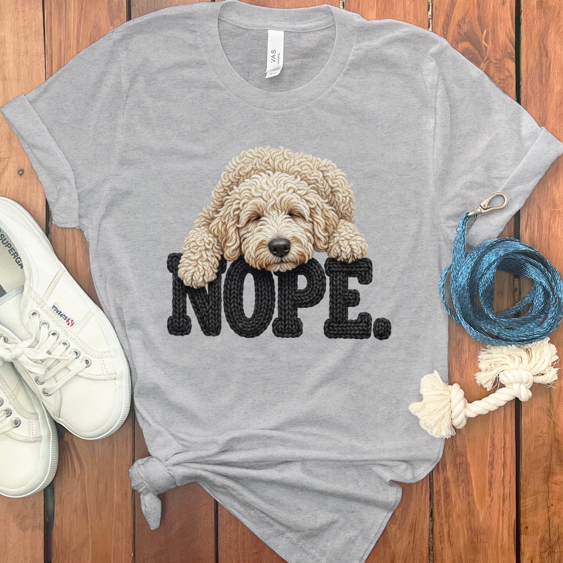 Cream Goldendoodle Faux Yarn Nope T-Shirt in Athletic Heather / S by Puppy Jo