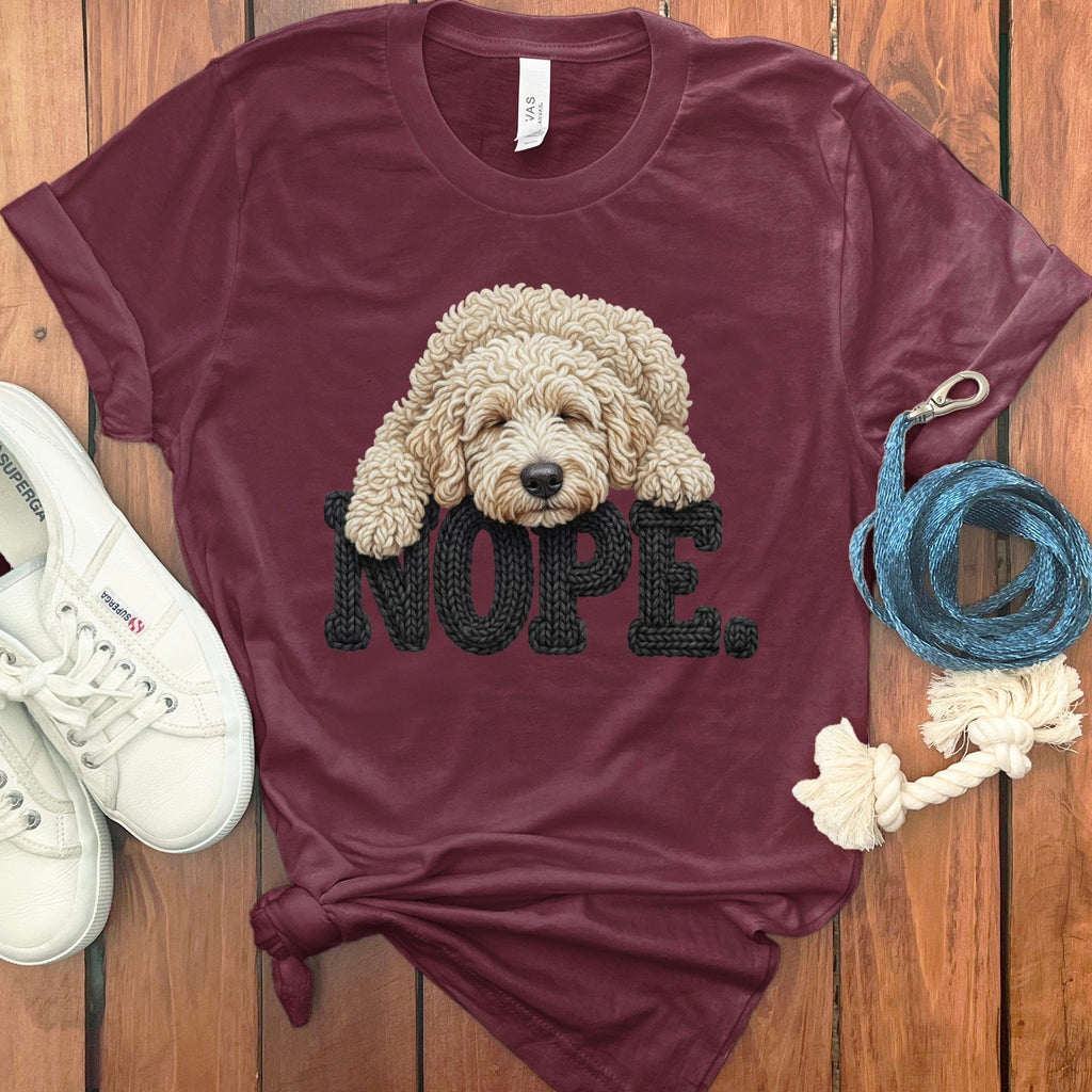 Cream Goldendoodle Faux Yarn Nope T-Shirt in Maroon / S by Puppy Jo
