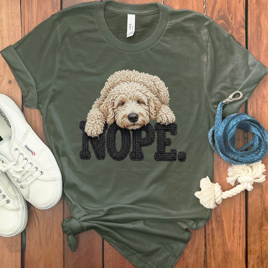 Cream Goldendoodle Faux Yarn Nope T-Shirt in Military Green / S by Puppy Jo