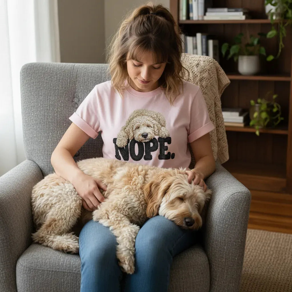 Cream Goldendoodle Faux Yarn Nope T-Shirt in by Puppy Jo