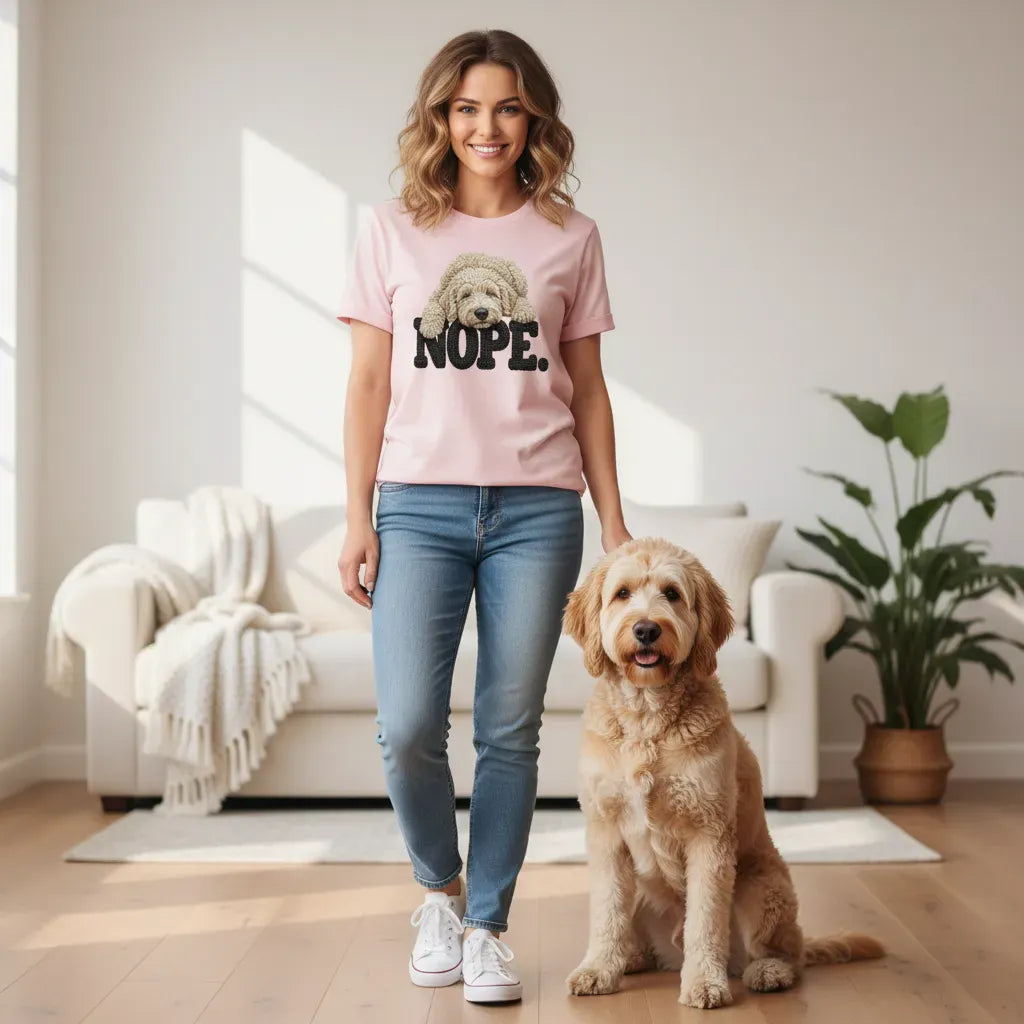 Cream Goldendoodle Faux Yarn Nope T-Shirt in by Puppy Jo