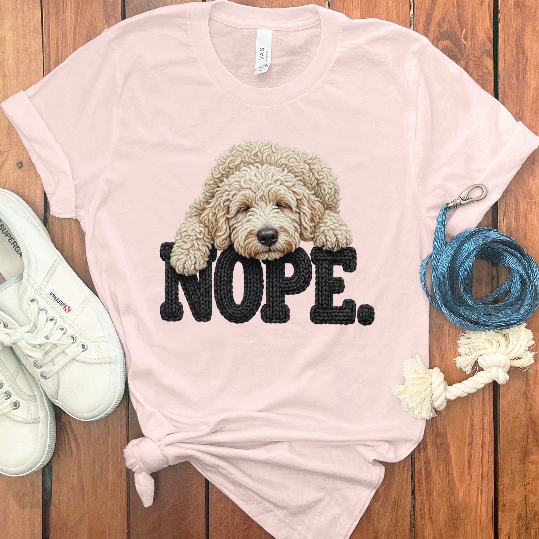 Cream Goldendoodle Faux Yarn Nope T-Shirt in Soft Pink / S by Puppy Jo