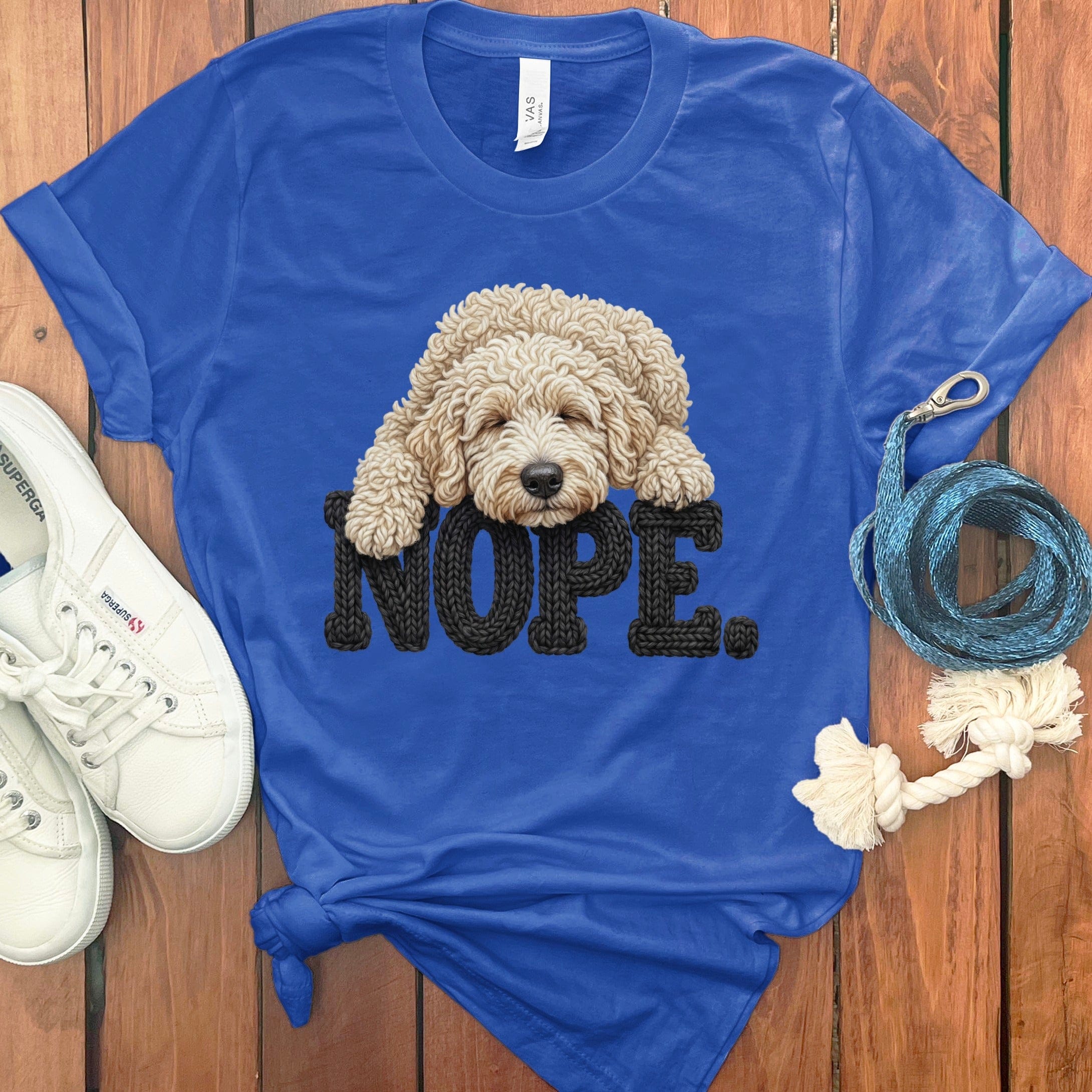 Cream Goldendoodle Faux Yarn Nope T-Shirt in True Royal / S by Puppy Jo