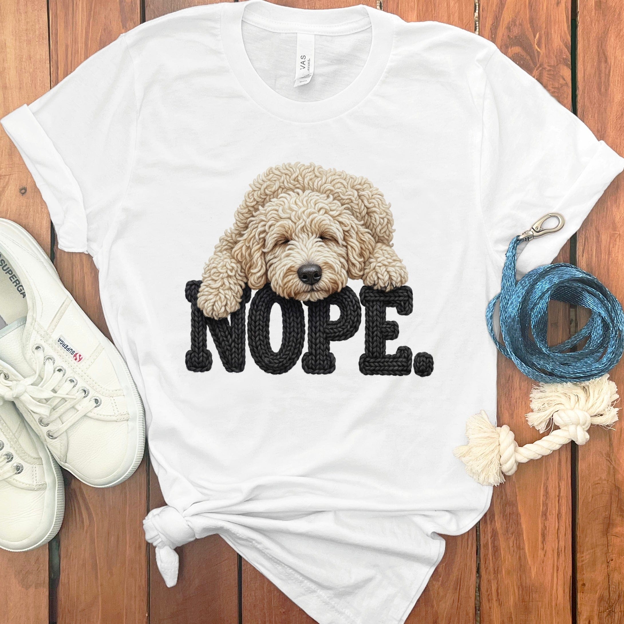 Cream Goldendoodle Faux Yarn Nope T-Shirt in White / S by Puppy Jo