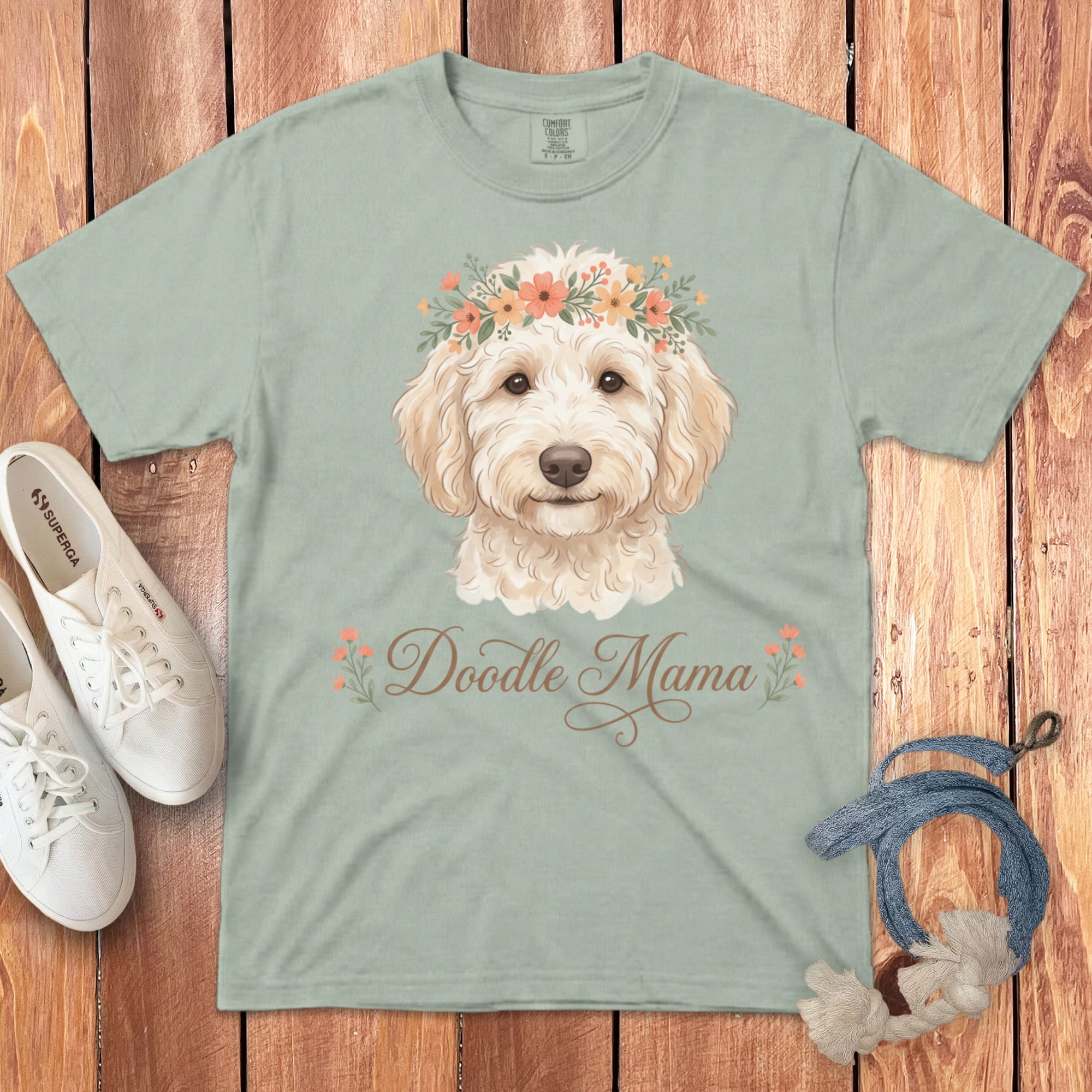 Cream Goldendoodle Floral Crown Signature T-Shirt in Bay / S by Puppy Jo