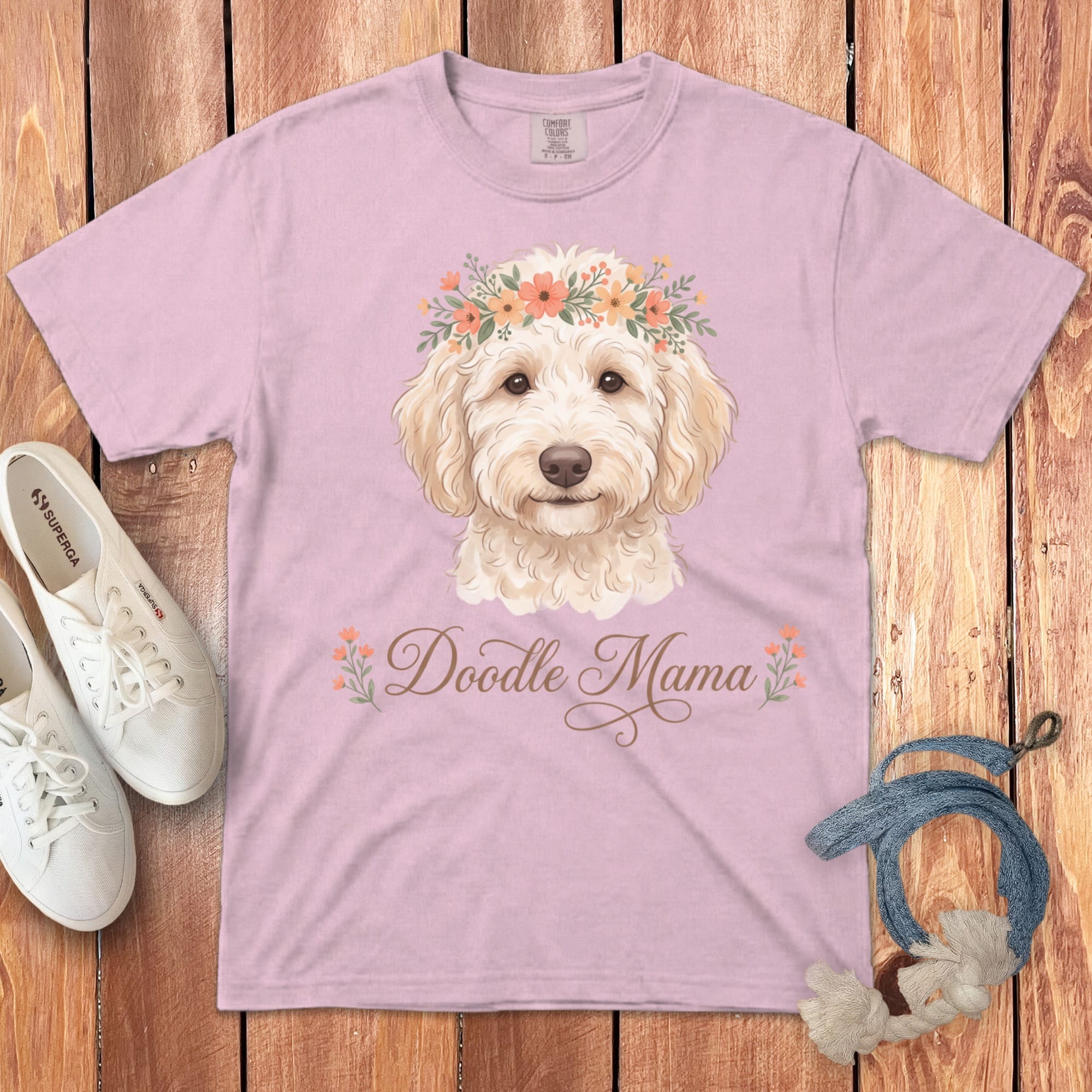 Cream Goldendoodle Floral Crown Signature T-Shirt in Blossom / S by Puppy Jo