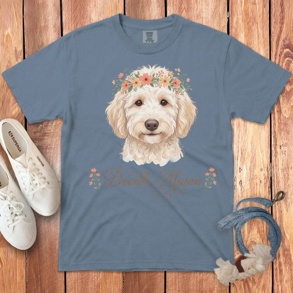 Cream Goldendoodle Floral Crown Signature T-Shirt in Blue Jean / S by Puppy Jo