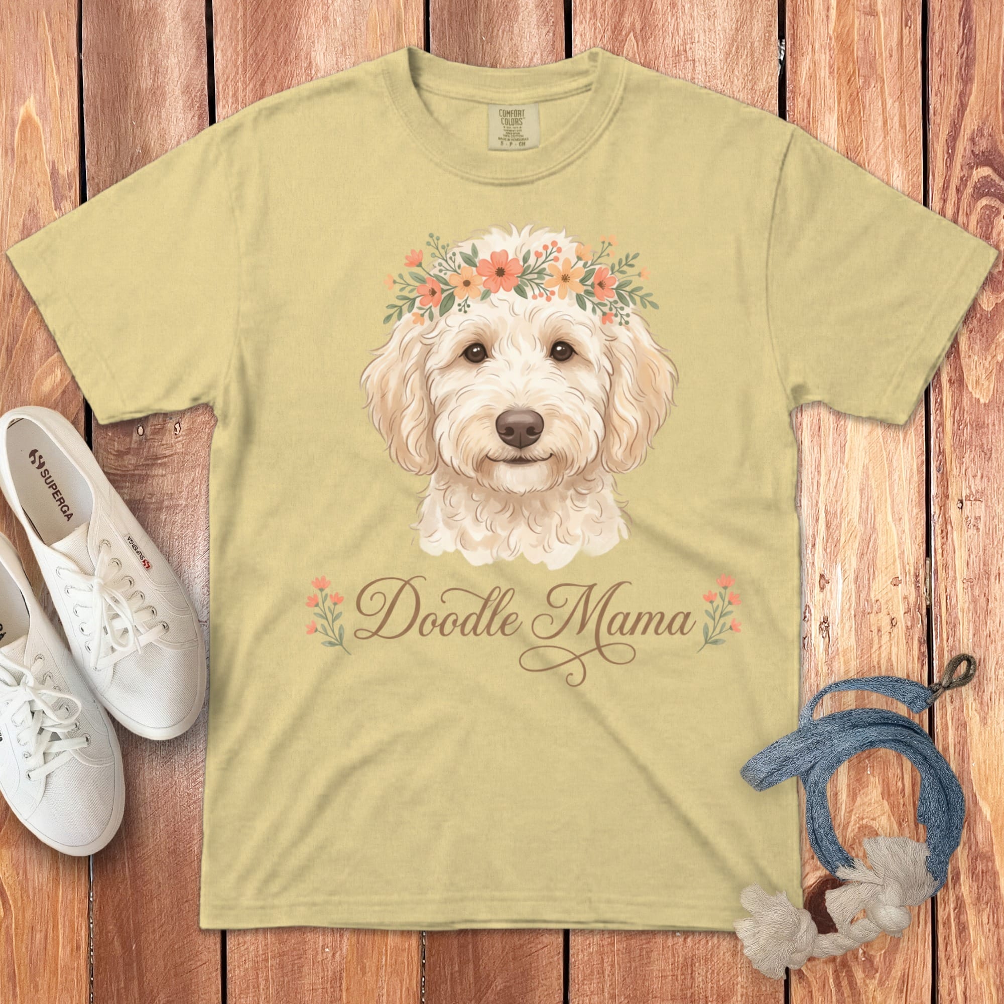 Cream Goldendoodle Floral Crown Signature T-Shirt in Butter / S by Puppy Jo