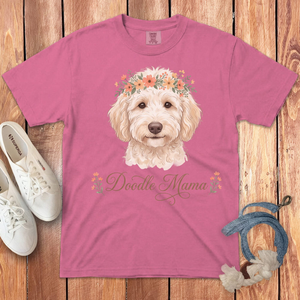 Cream Goldendoodle Floral Crown Signature T-Shirt in Crunchberry / S by Puppy Jo