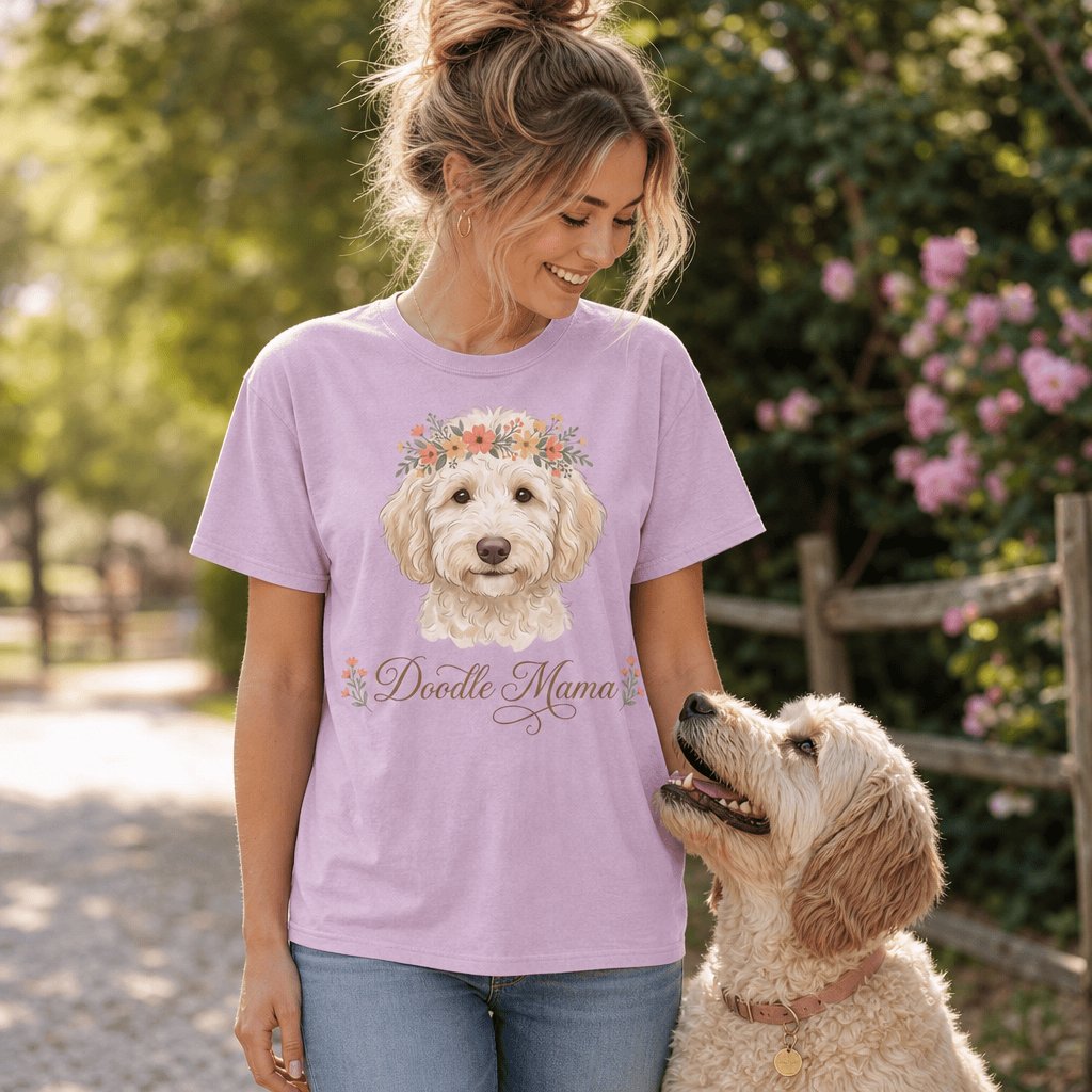 Cream Goldendoodle Floral Crown Signature T-Shirt in by Puppy Jo