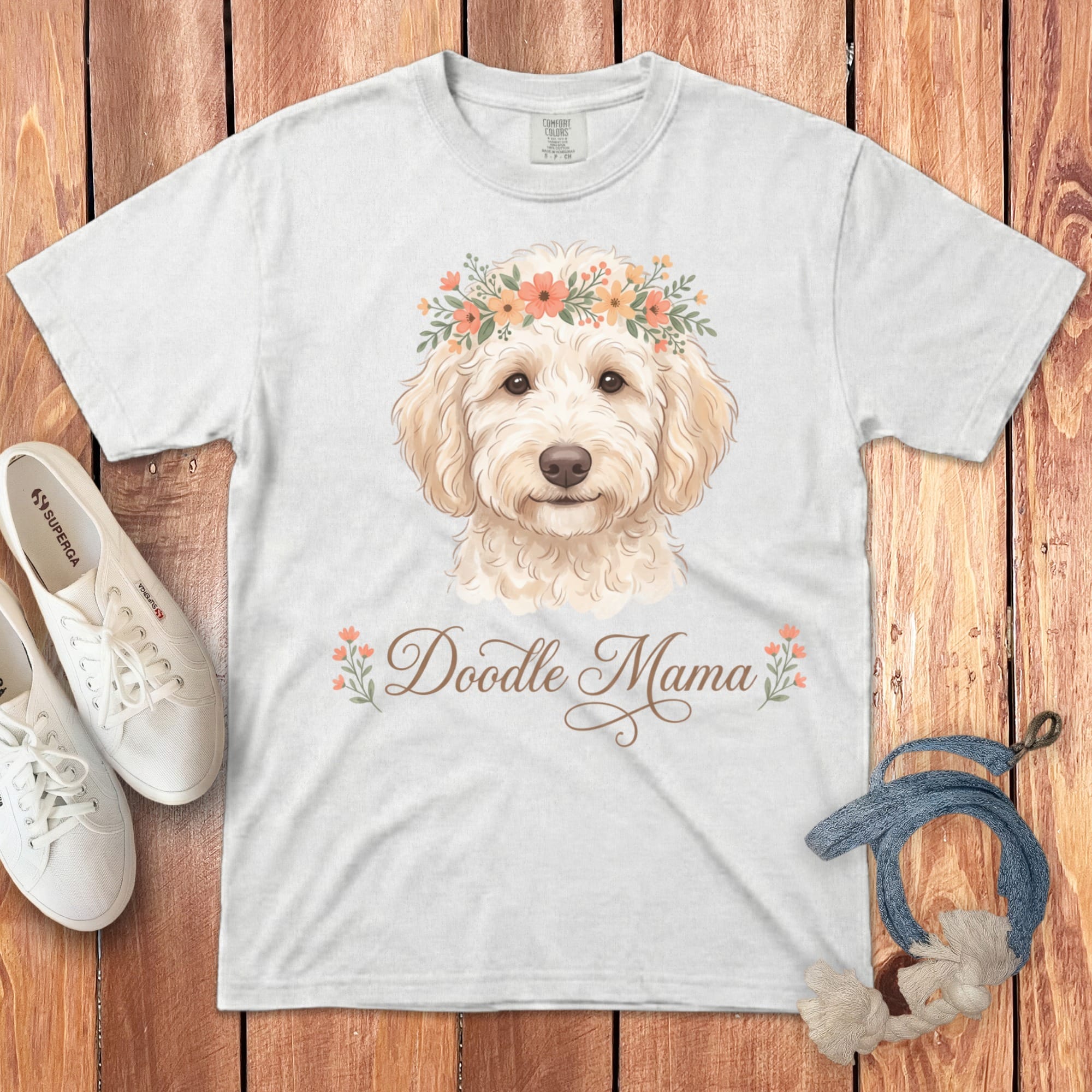 Cream Goldendoodle Floral Crown Signature T-Shirt in White / S by Puppy Jo