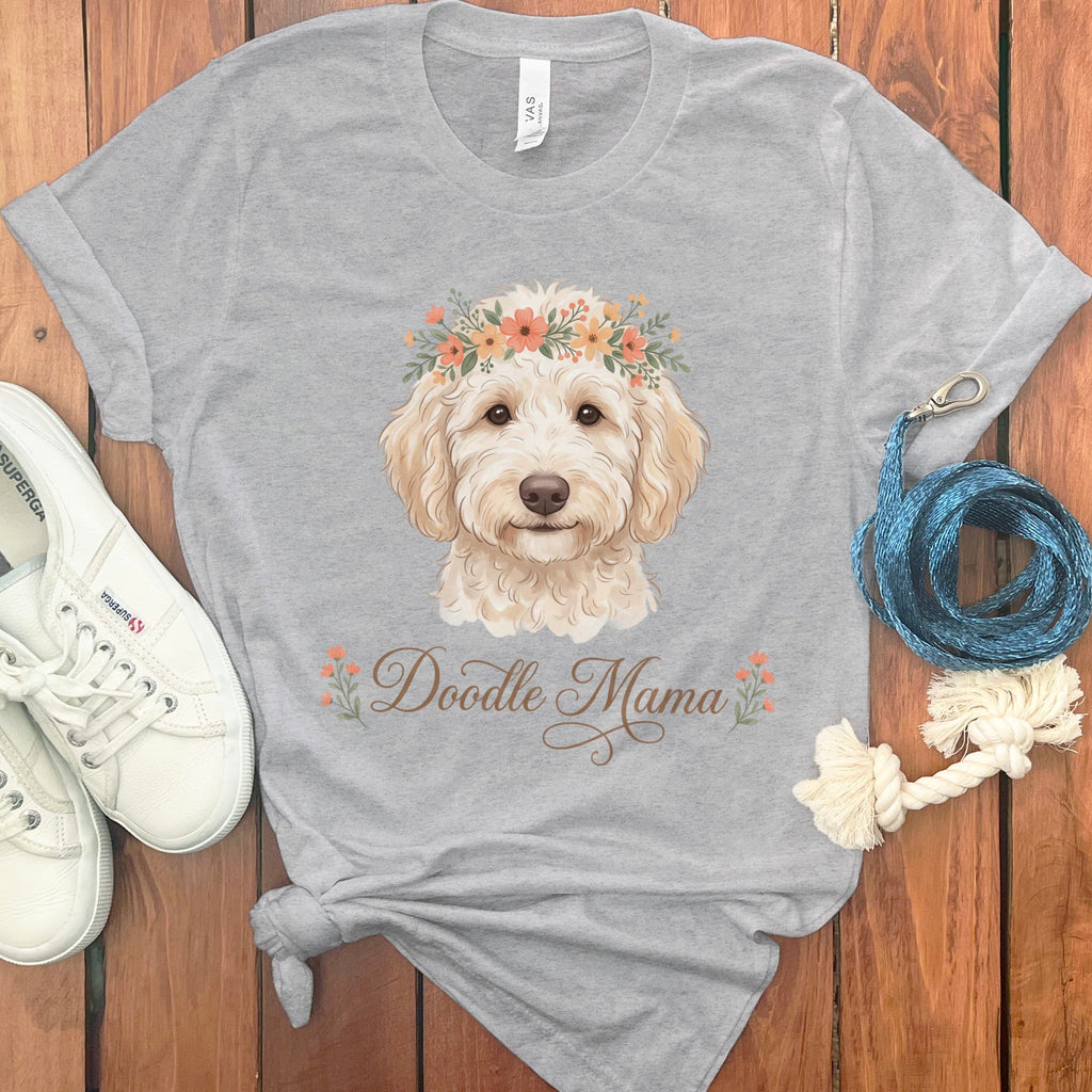 Cream Goldendoodle Floral Crown T-Shirt in Athletic Heather / S by Puppy Jo