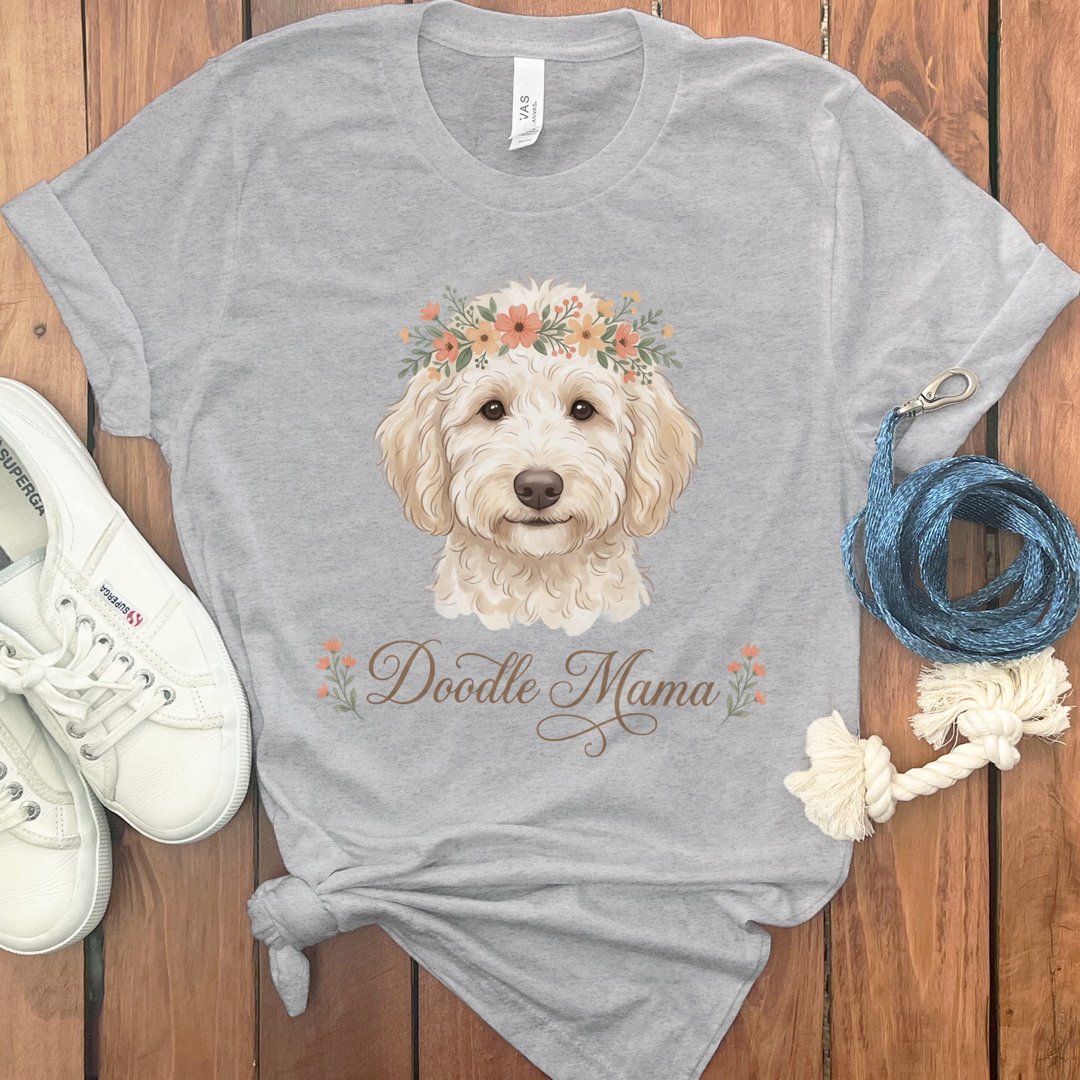 Cream Goldendoodle Floral Crown T-Shirt in Athletic Heather / S by Puppy Jo