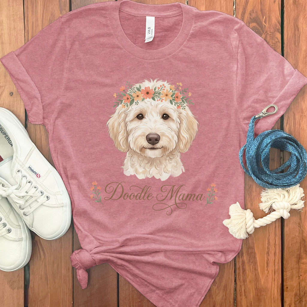 Cream Goldendoodle Floral Crown T-Shirt in Heather Mauve / S by Puppy Jo
