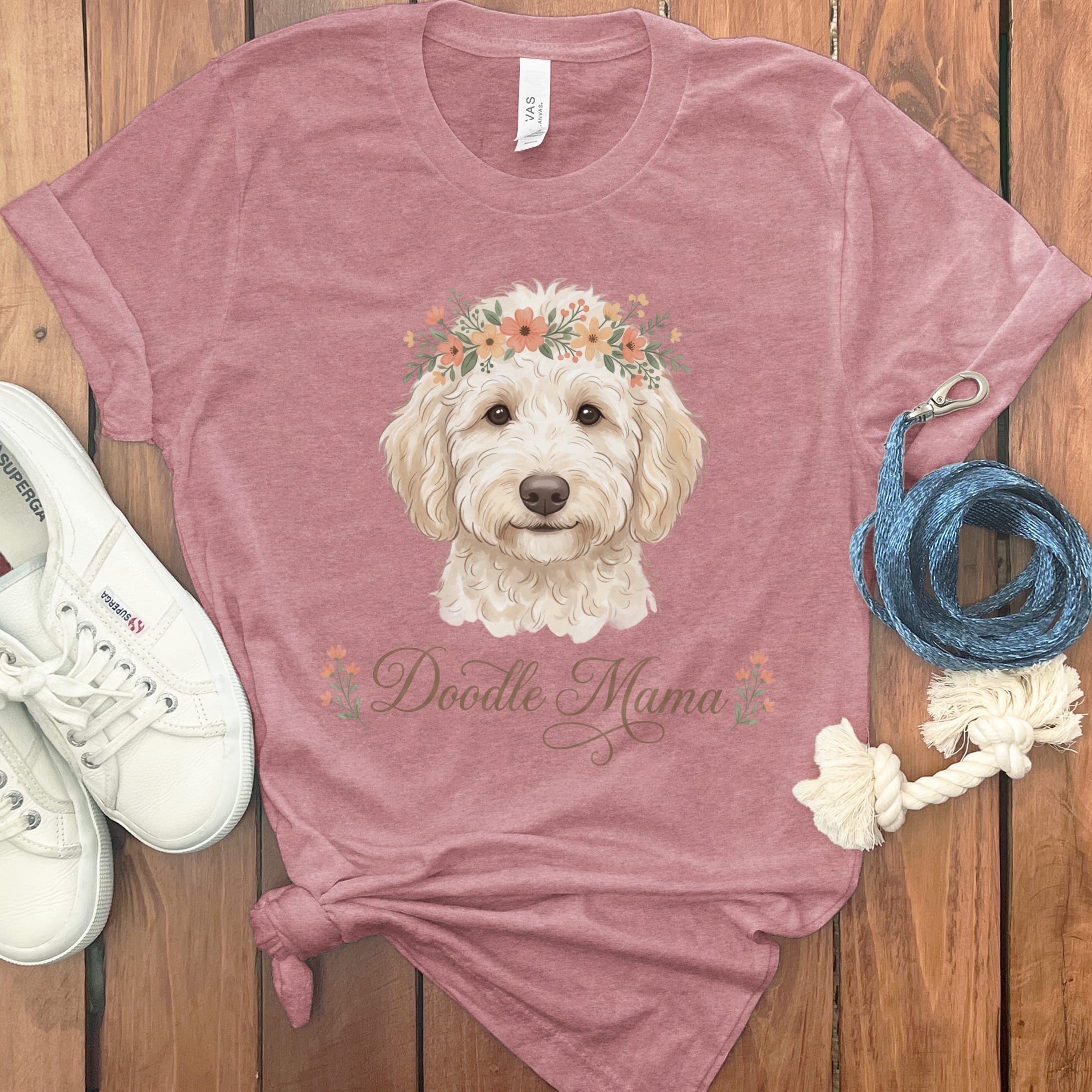 Cream Goldendoodle Floral Crown T-Shirt in Heather Mauve / S by Puppy Jo