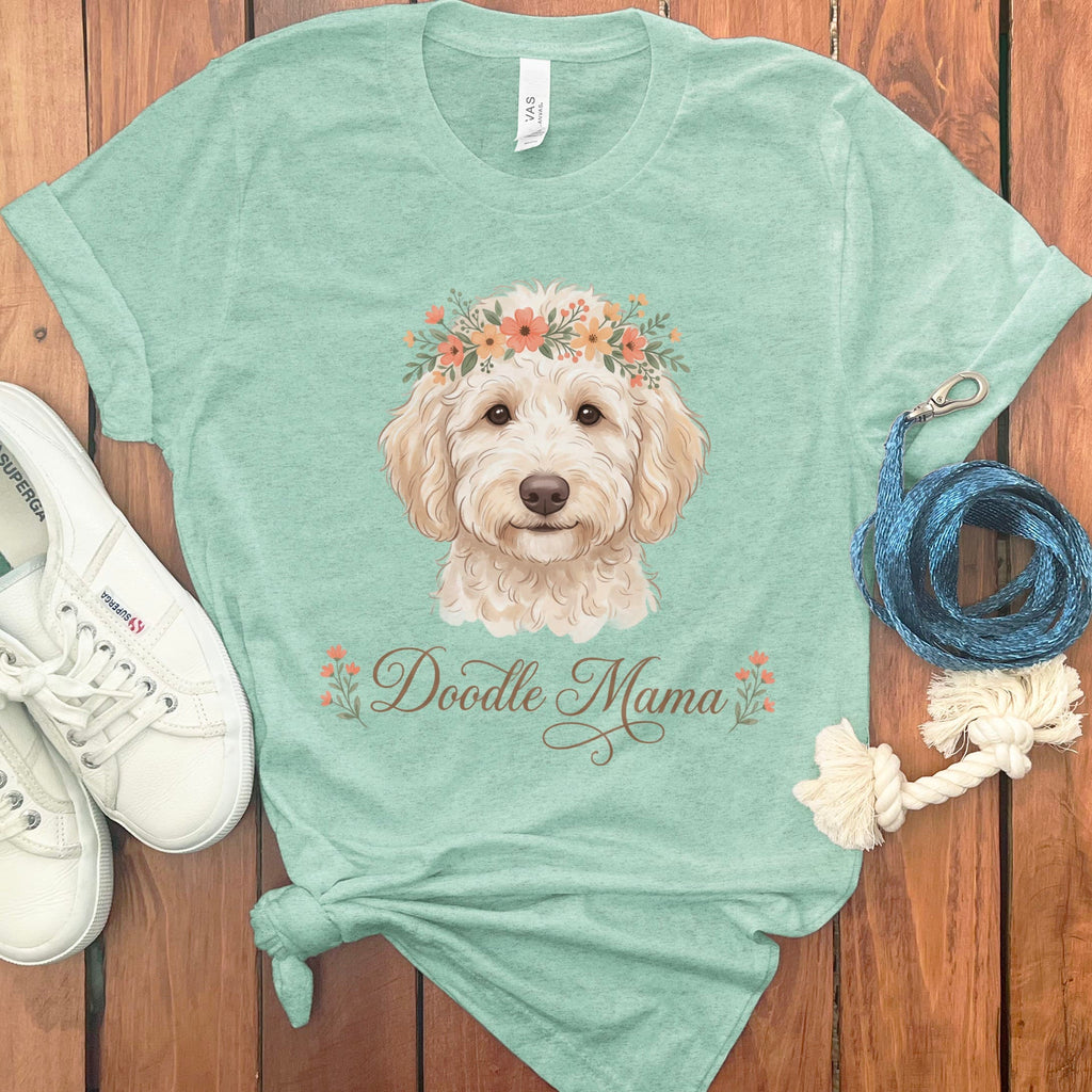 Cream Goldendoodle Floral Crown T-Shirt in Heather Mint / XL by Puppy Jo