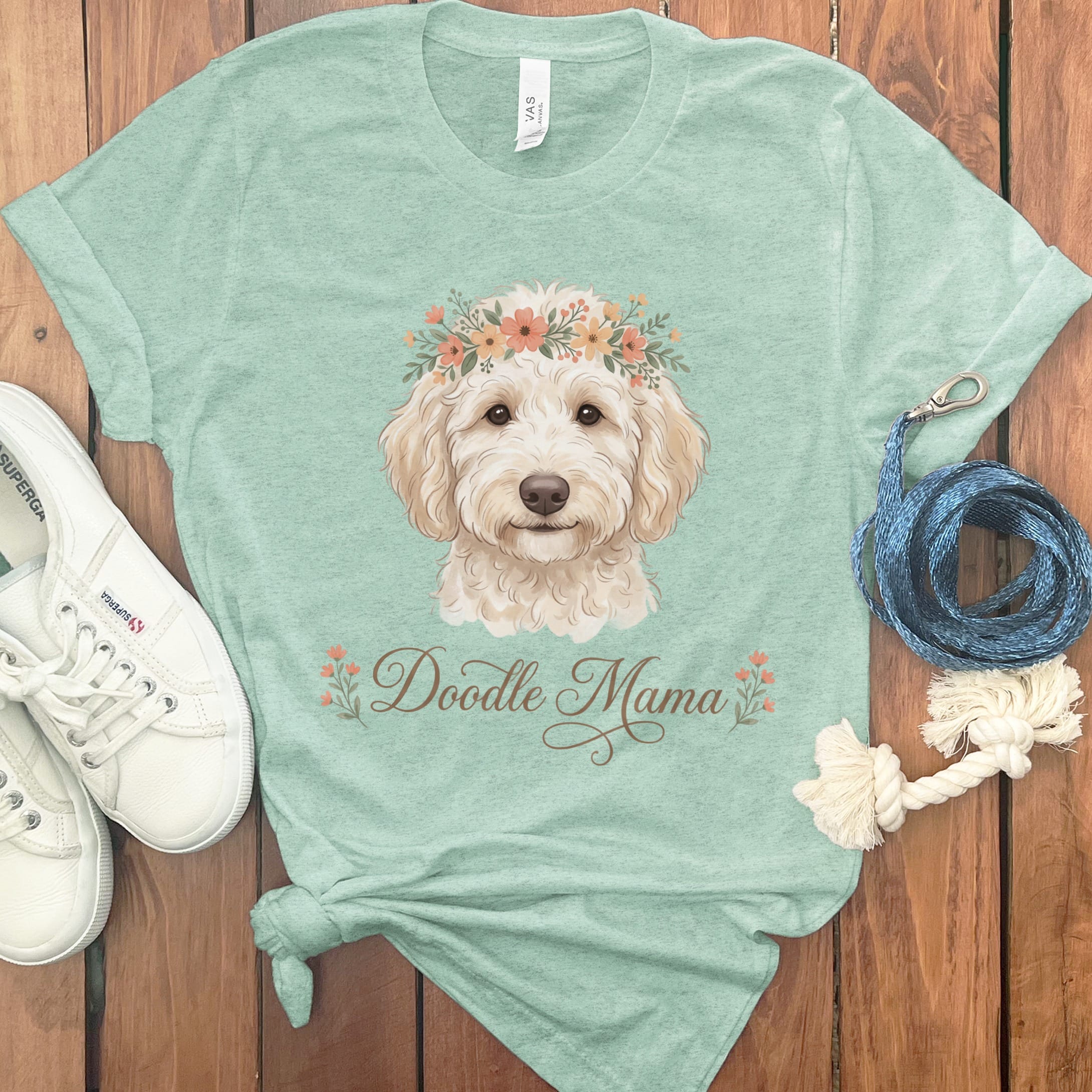 Cream Goldendoodle Floral Crown T-Shirt in Heather Mint / XL by Puppy Jo