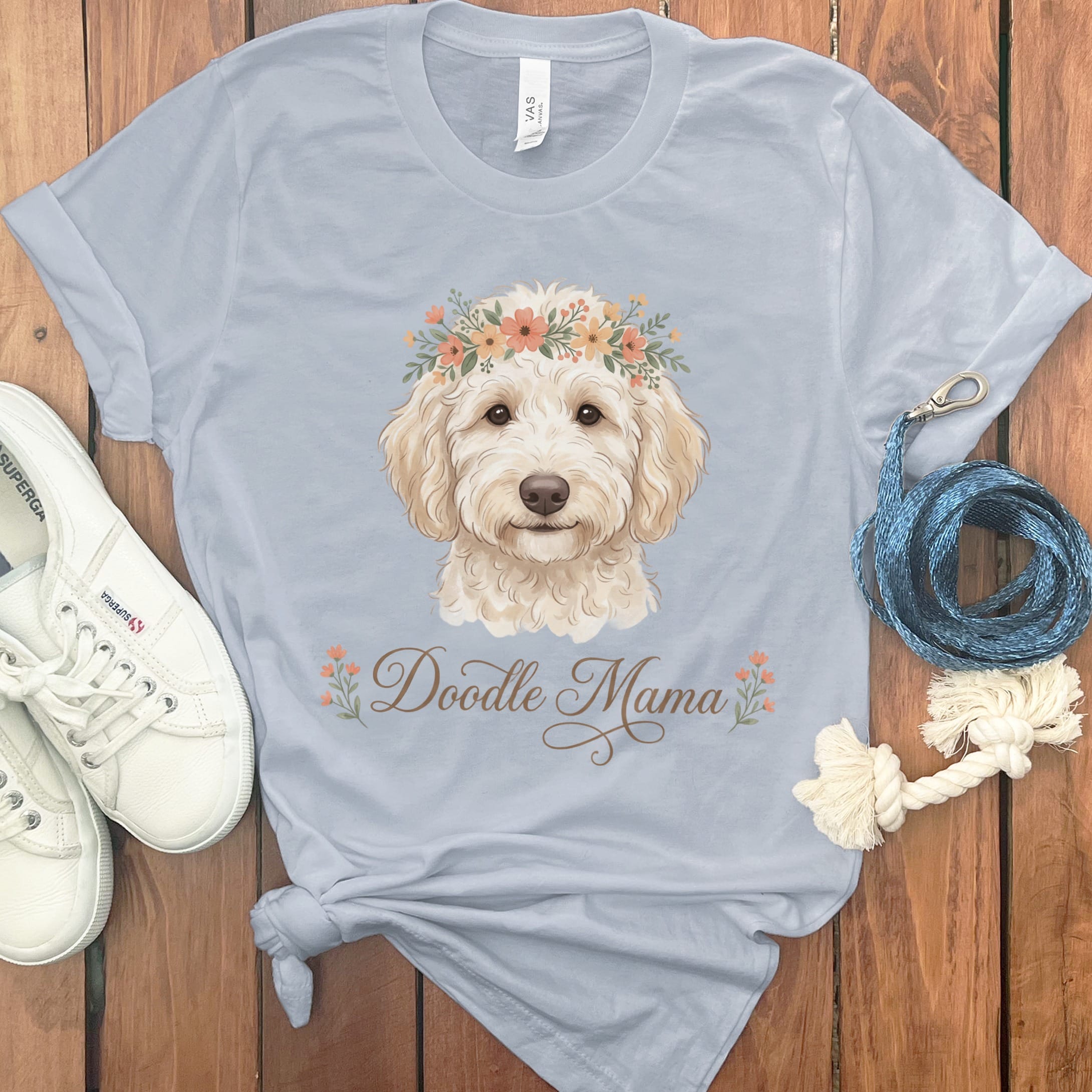 Cream Goldendoodle Floral Crown T-Shirt in Light Blue / S by Puppy Jo