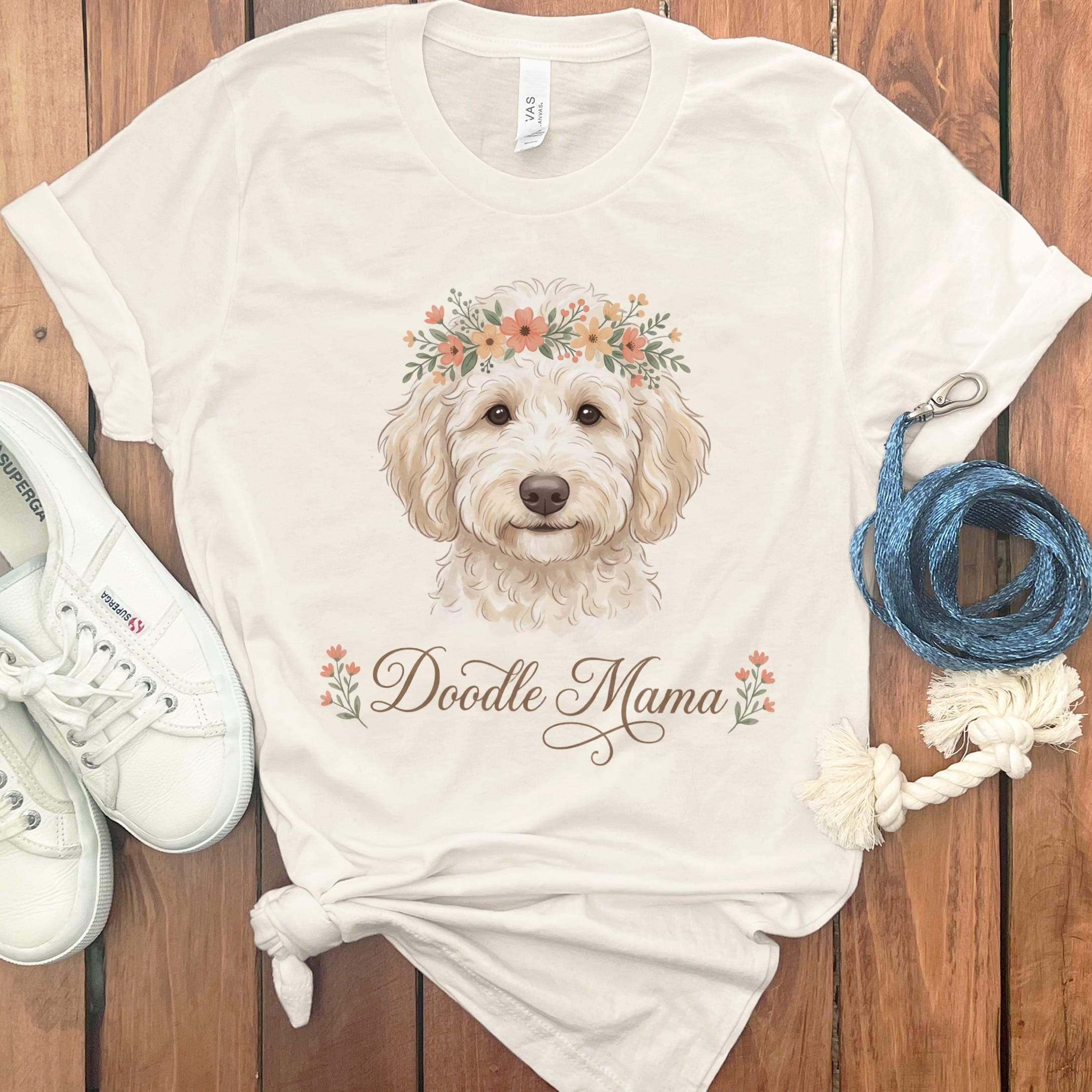 Cream Goldendoodle Floral Crown T-Shirt in Natural / S by Puppy Jo