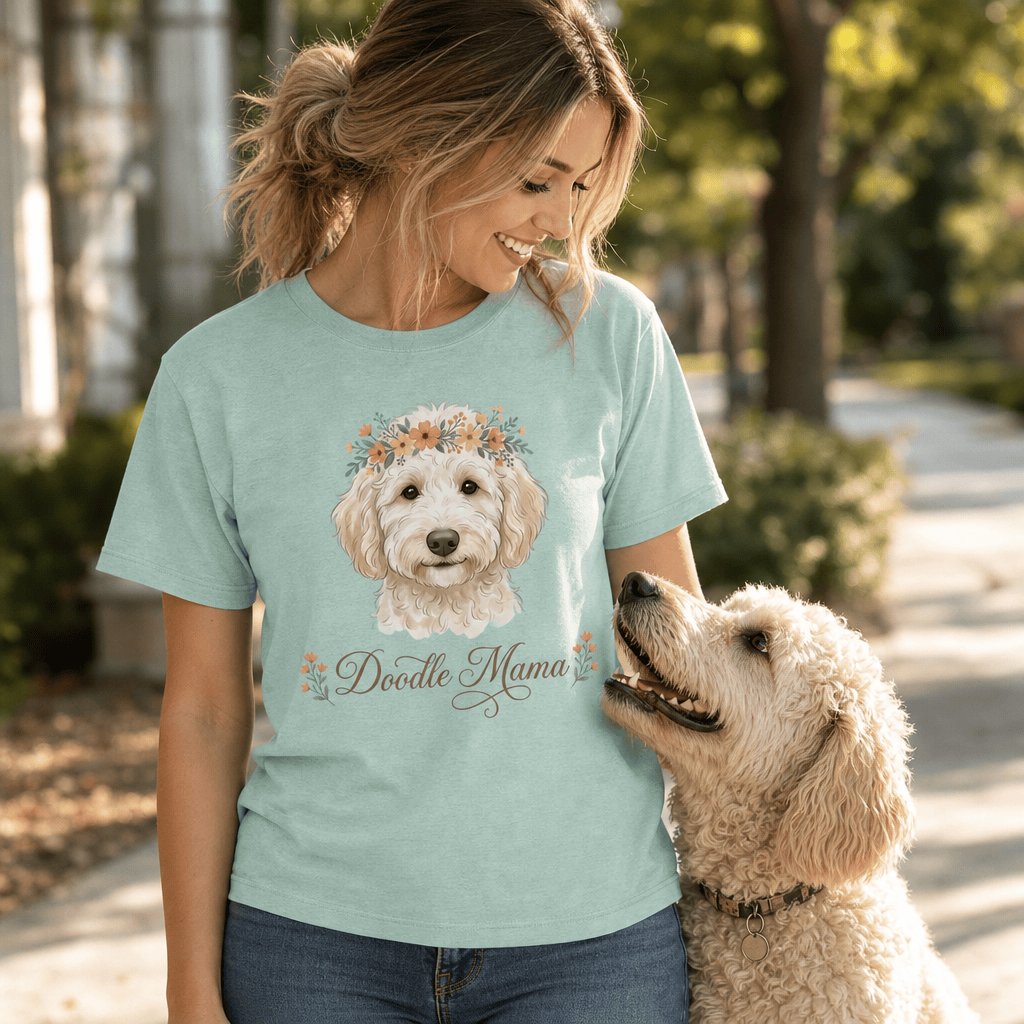 Cream Goldendoodle Floral Crown T-Shirt in by Puppy Jo