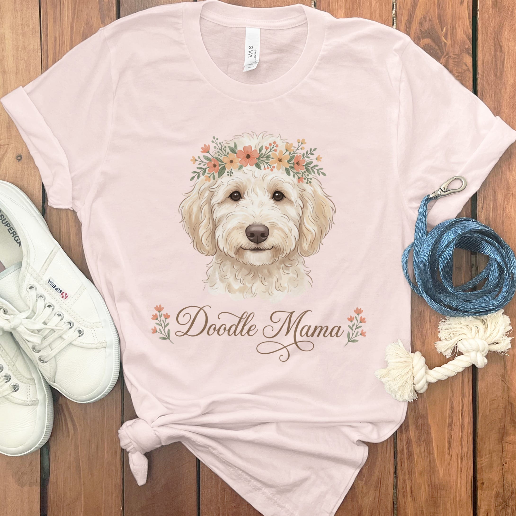 Cream Goldendoodle Floral Crown T-Shirt in Soft Pink / S by Puppy Jo