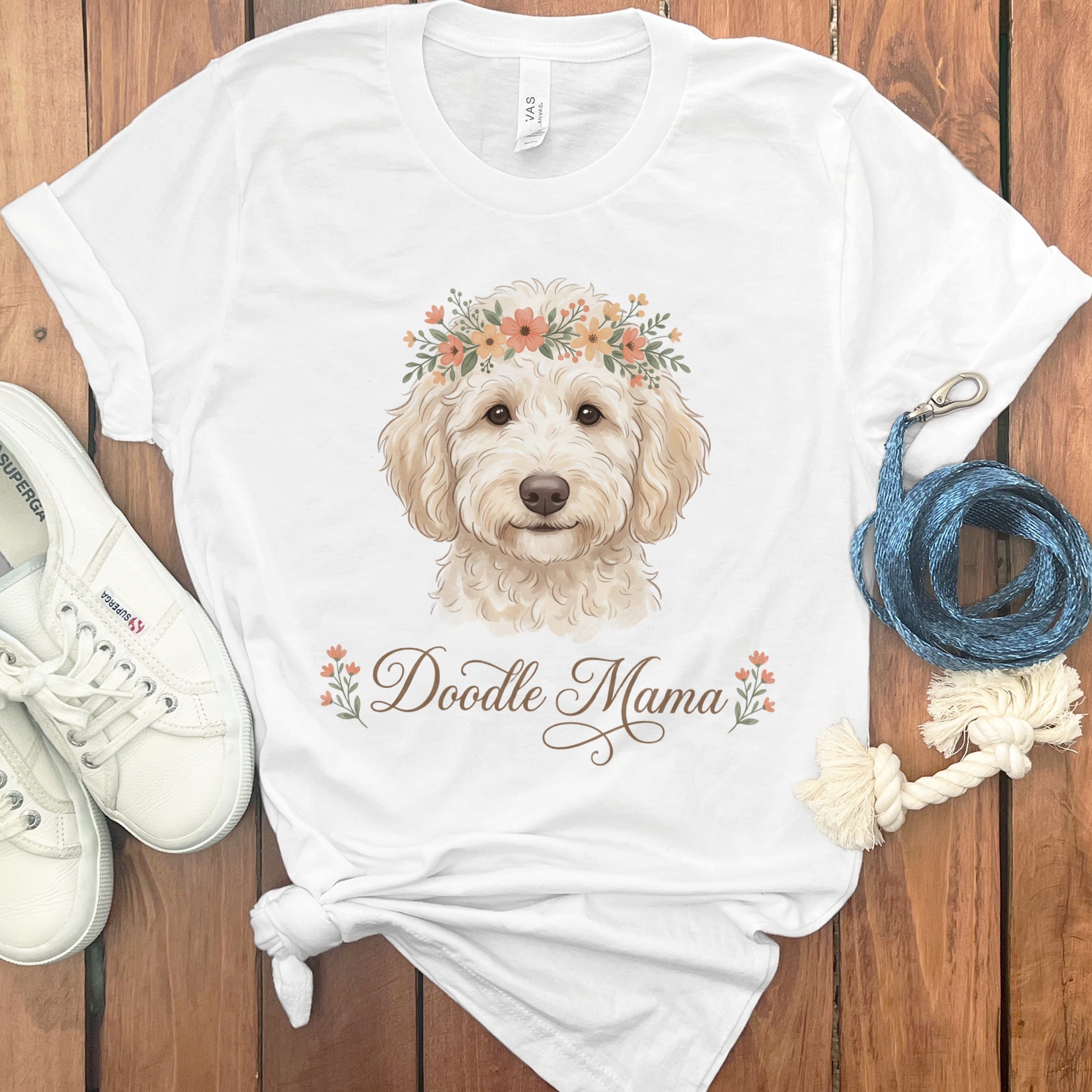 Cream Goldendoodle Floral Crown T-Shirt in White / S by Puppy Jo