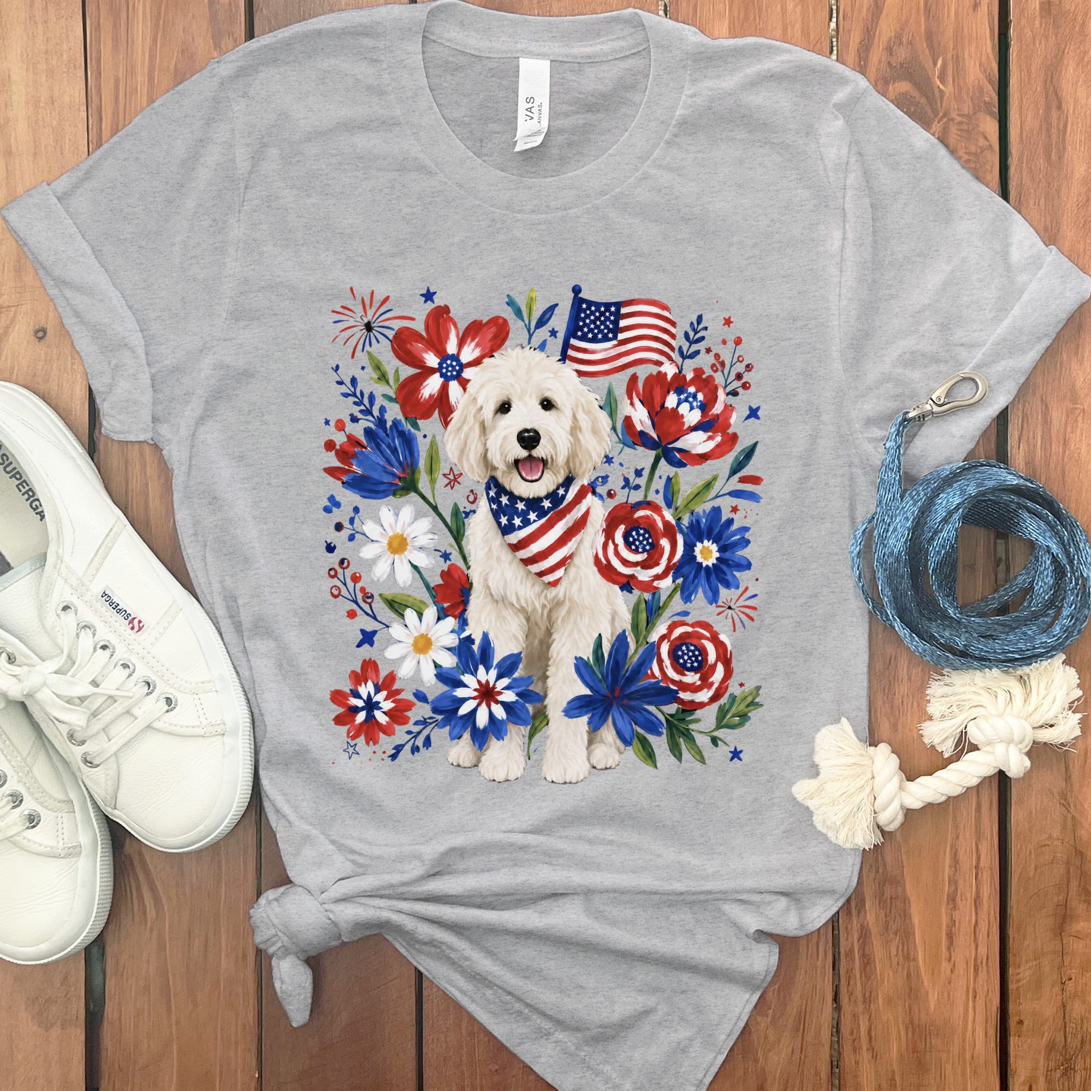 Cream Goldendoodle Floral Spirit T-Shirt in Athletic Heather / S by Puppy Jo