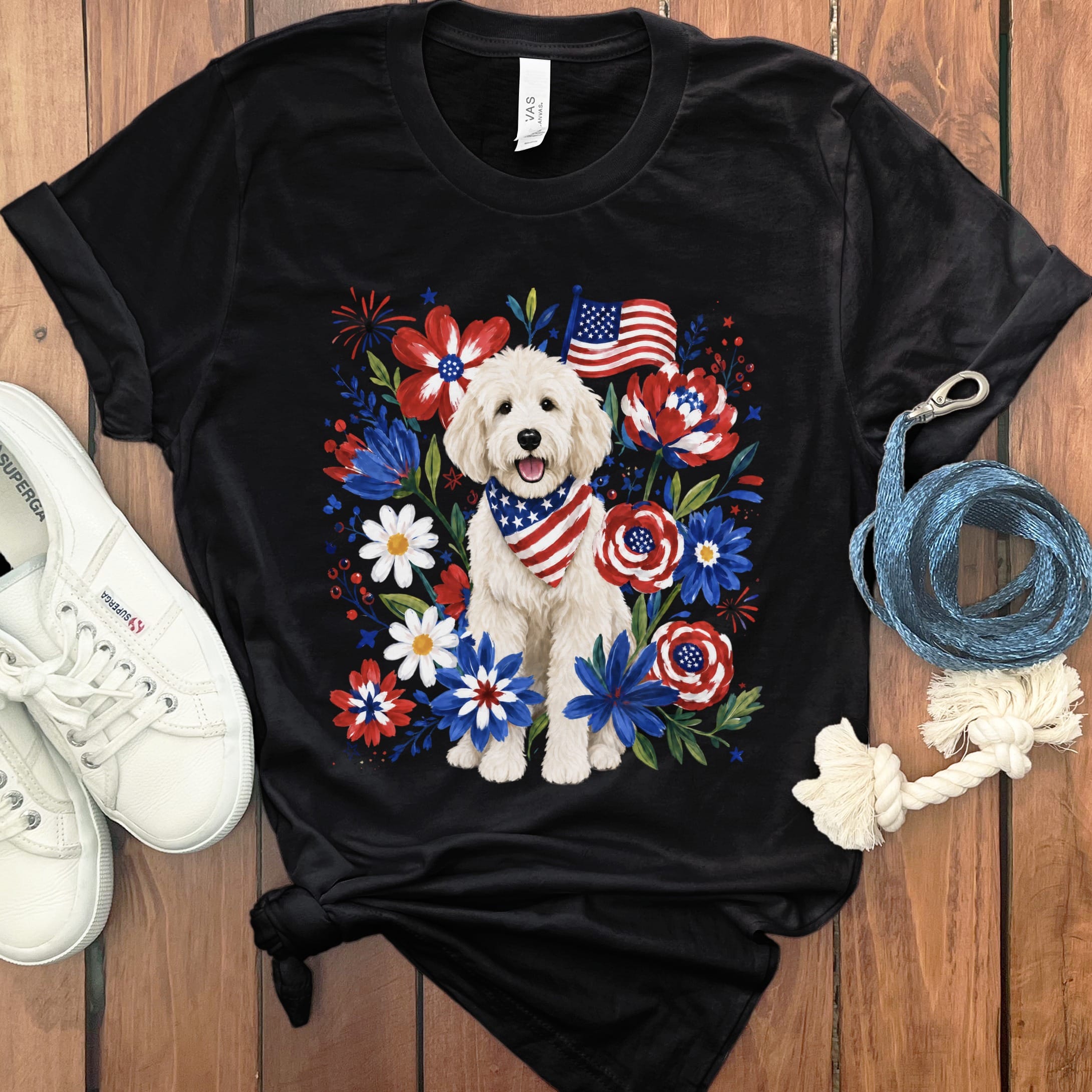 Cream Goldendoodle Floral Spirit T-Shirt in Black / S by Puppy Jo