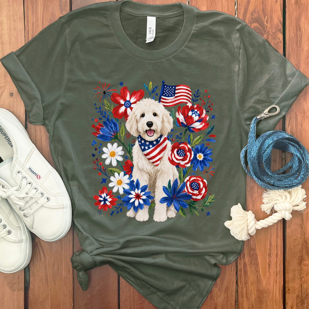 Cream Goldendoodle Floral Spirit T-Shirt in Military Green / S by Puppy Jo