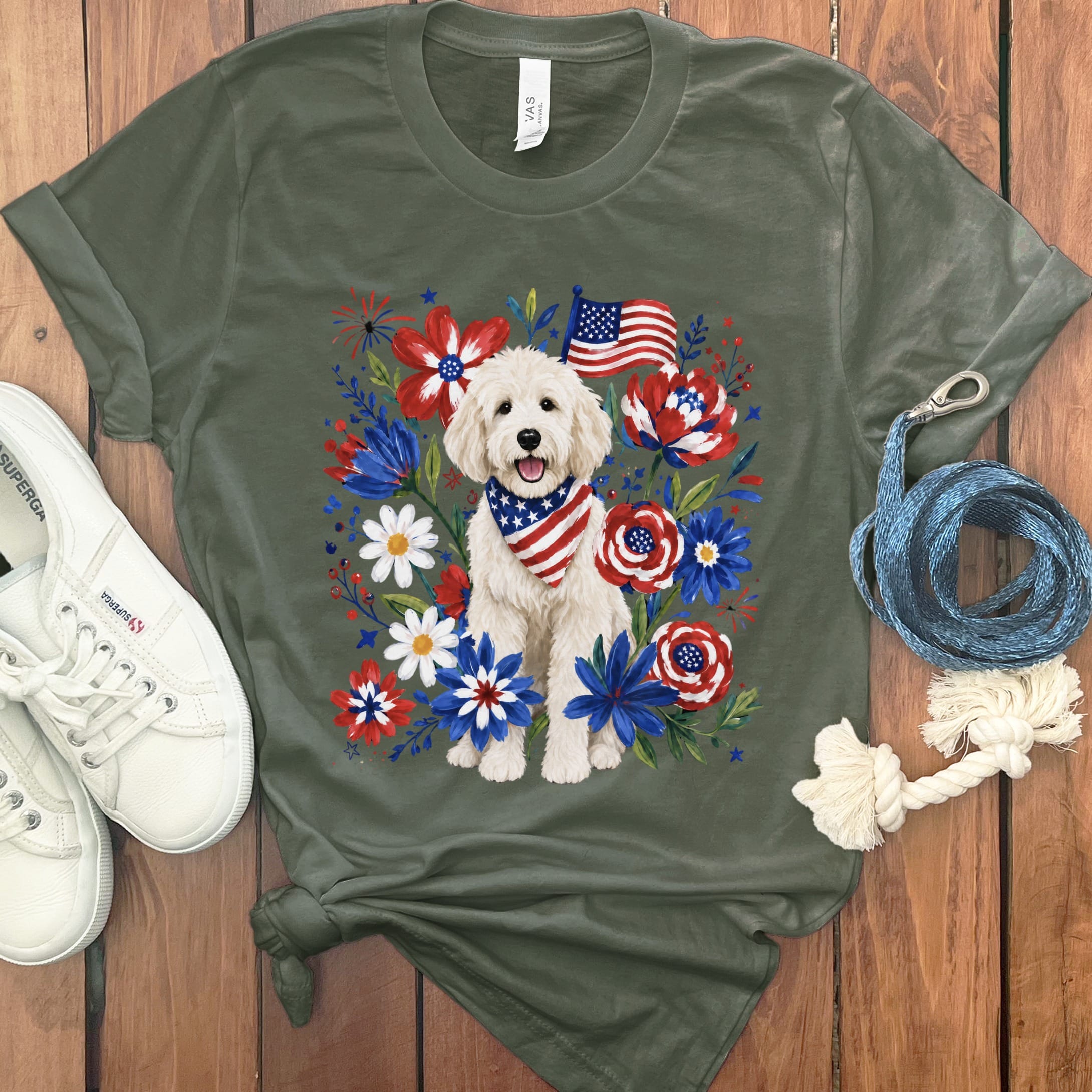 Cream Goldendoodle Floral Spirit T-Shirt in Military Green / S by Puppy Jo