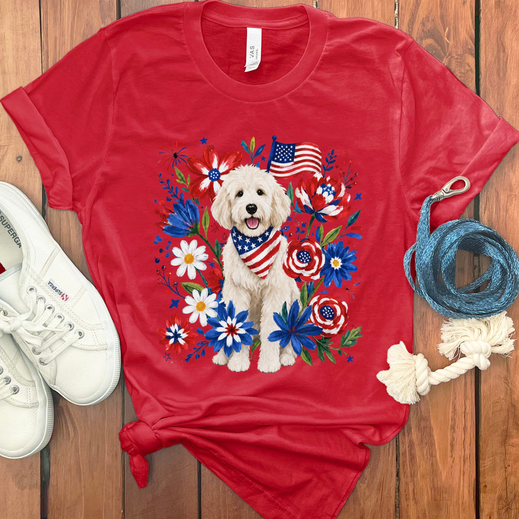Cream Goldendoodle Floral Spirit T-Shirt in Red / S by Puppy Jo