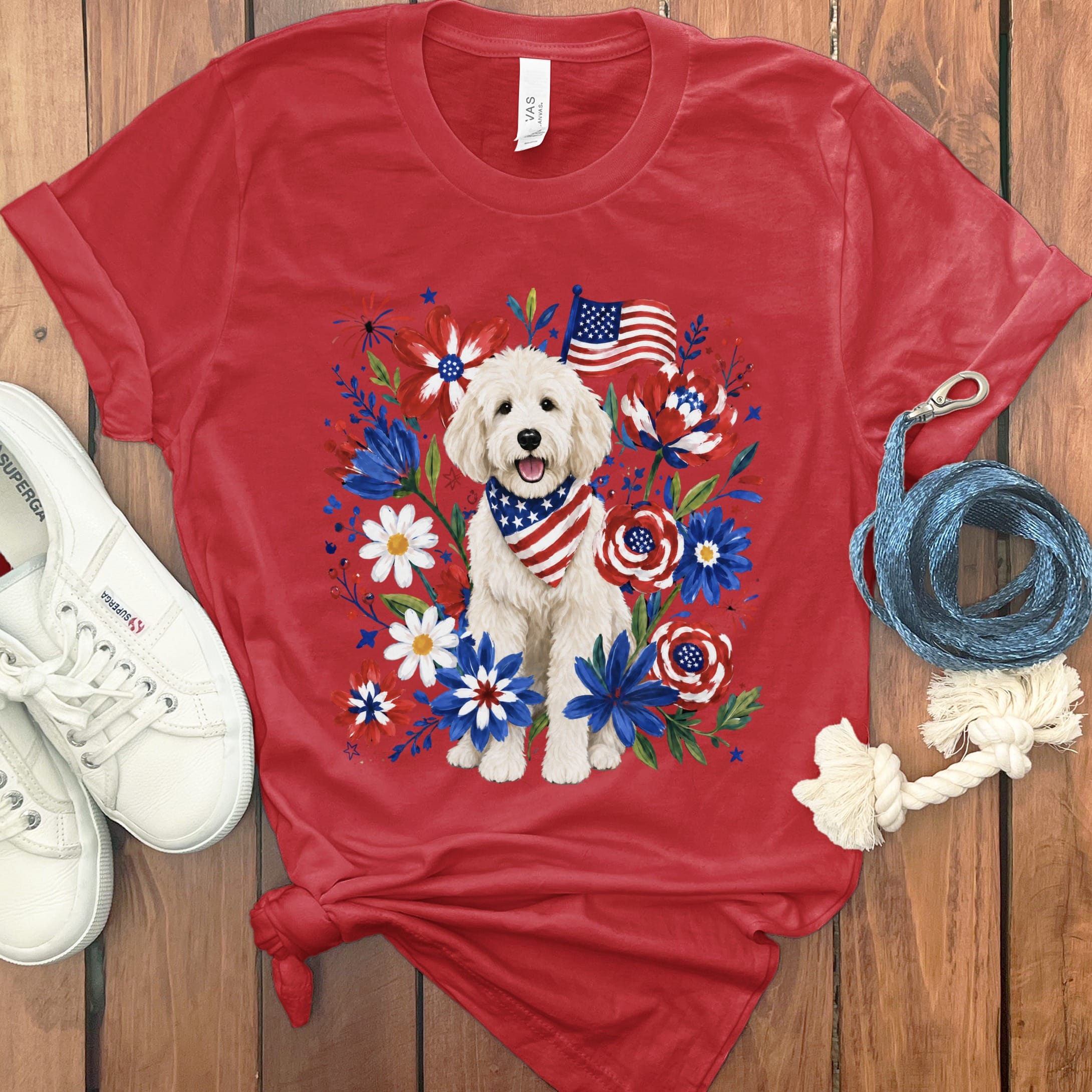 Cream Goldendoodle Floral Spirit T-Shirt in Red / S by Puppy Jo