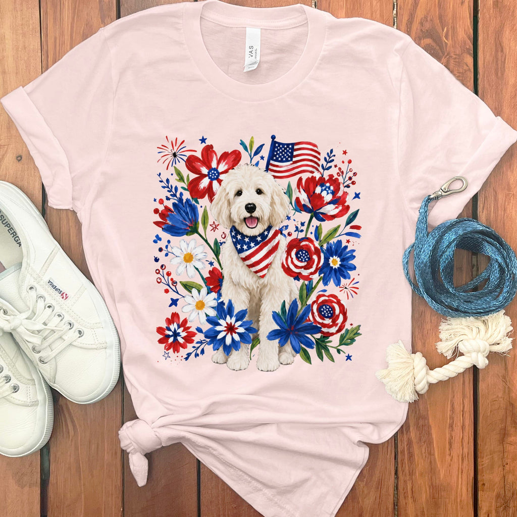 Cream Goldendoodle Floral Spirit T-Shirt in Soft Pink / S by Puppy Jo