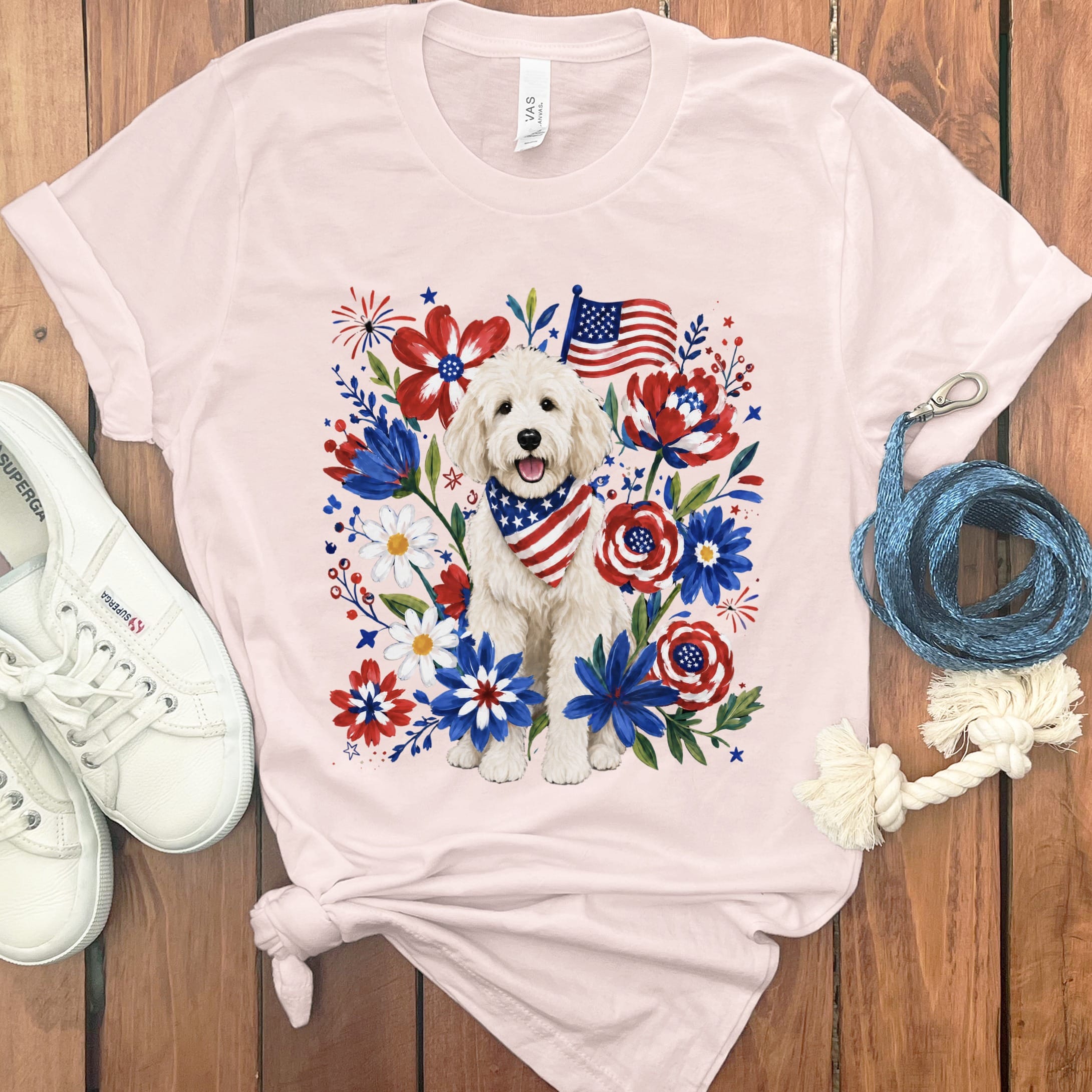 Cream Goldendoodle Floral Spirit T-Shirt in Soft Pink / S by Puppy Jo