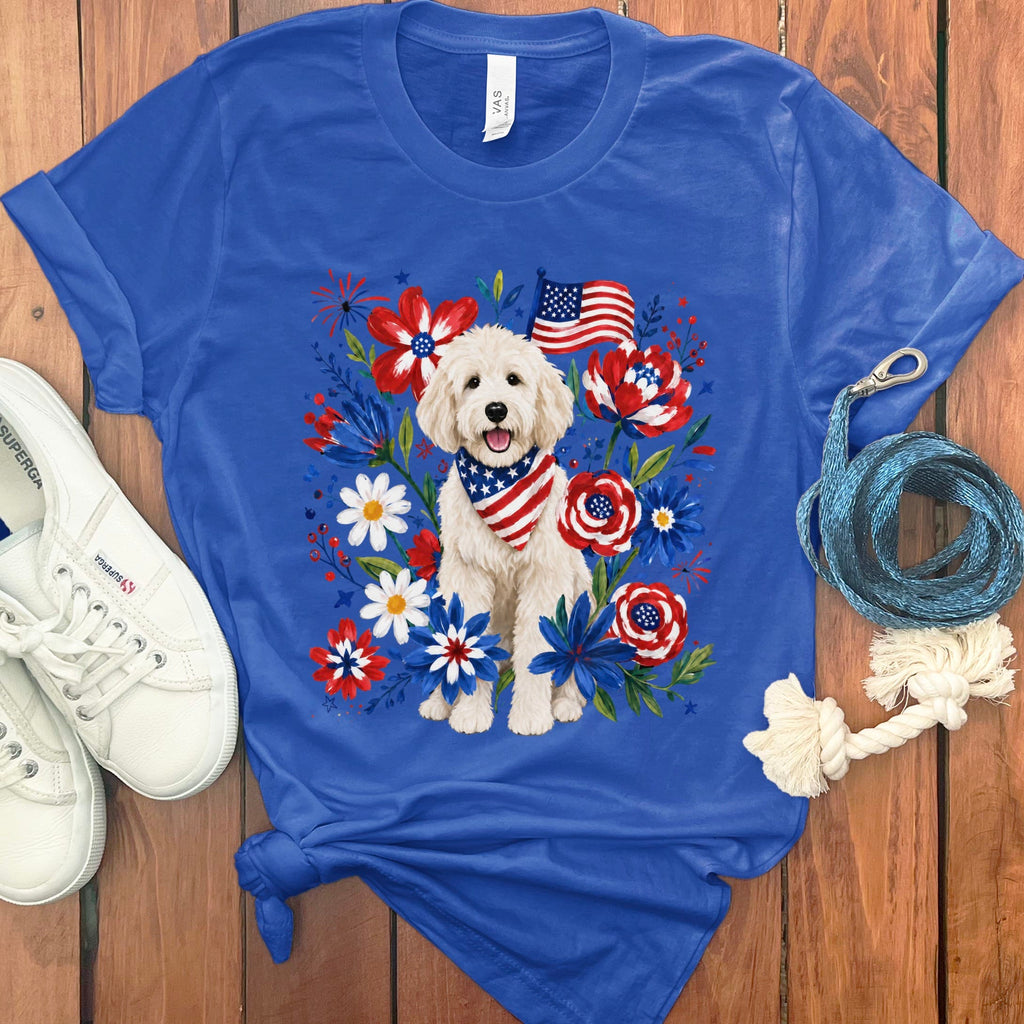 Cream Goldendoodle Floral Spirit T-Shirt in True Royal / S by Puppy Jo