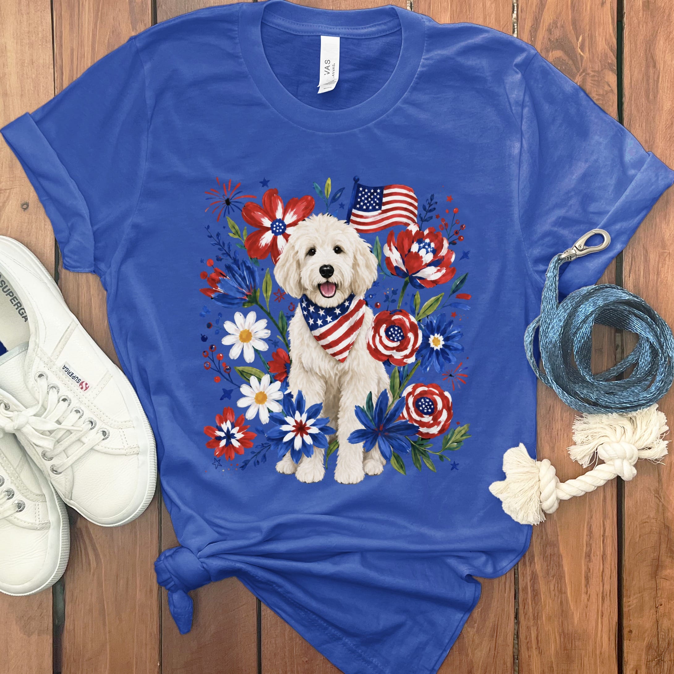 Cream Goldendoodle Floral Spirit T-Shirt in True Royal / S by Puppy Jo