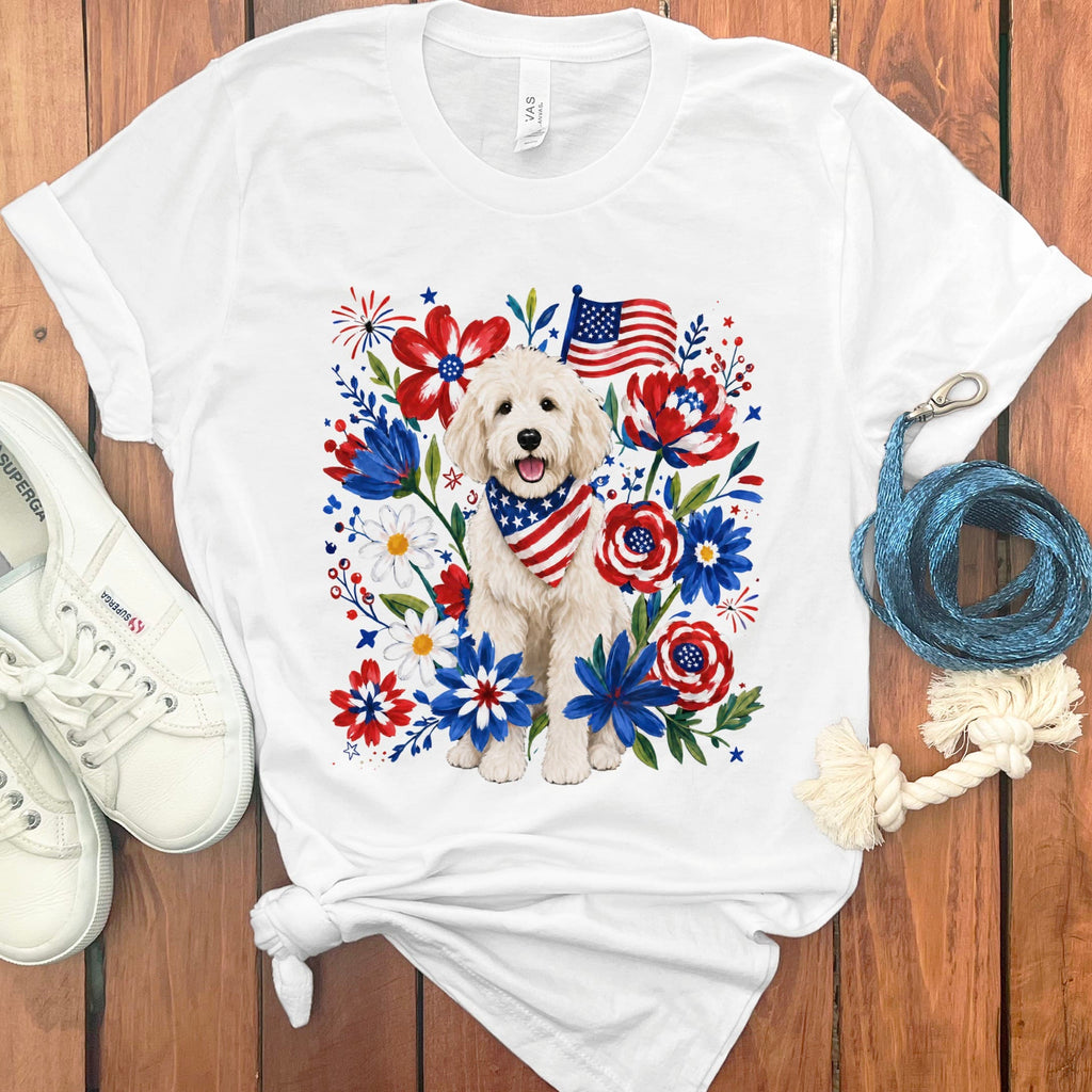 Cream Goldendoodle Floral Spirit T-Shirt in White / S by Puppy Jo