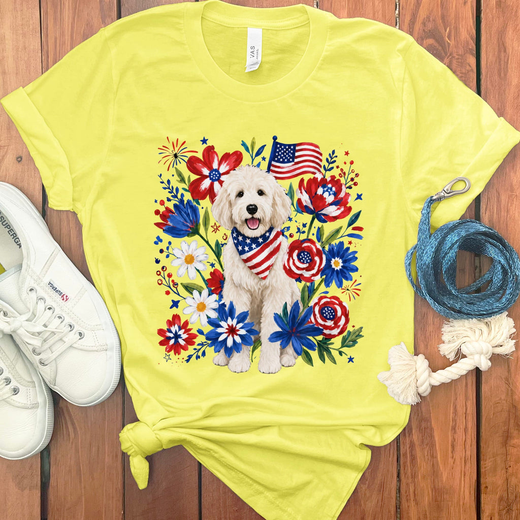 Cream Goldendoodle Floral Spirit T-Shirt in Yellow / S by Puppy Jo