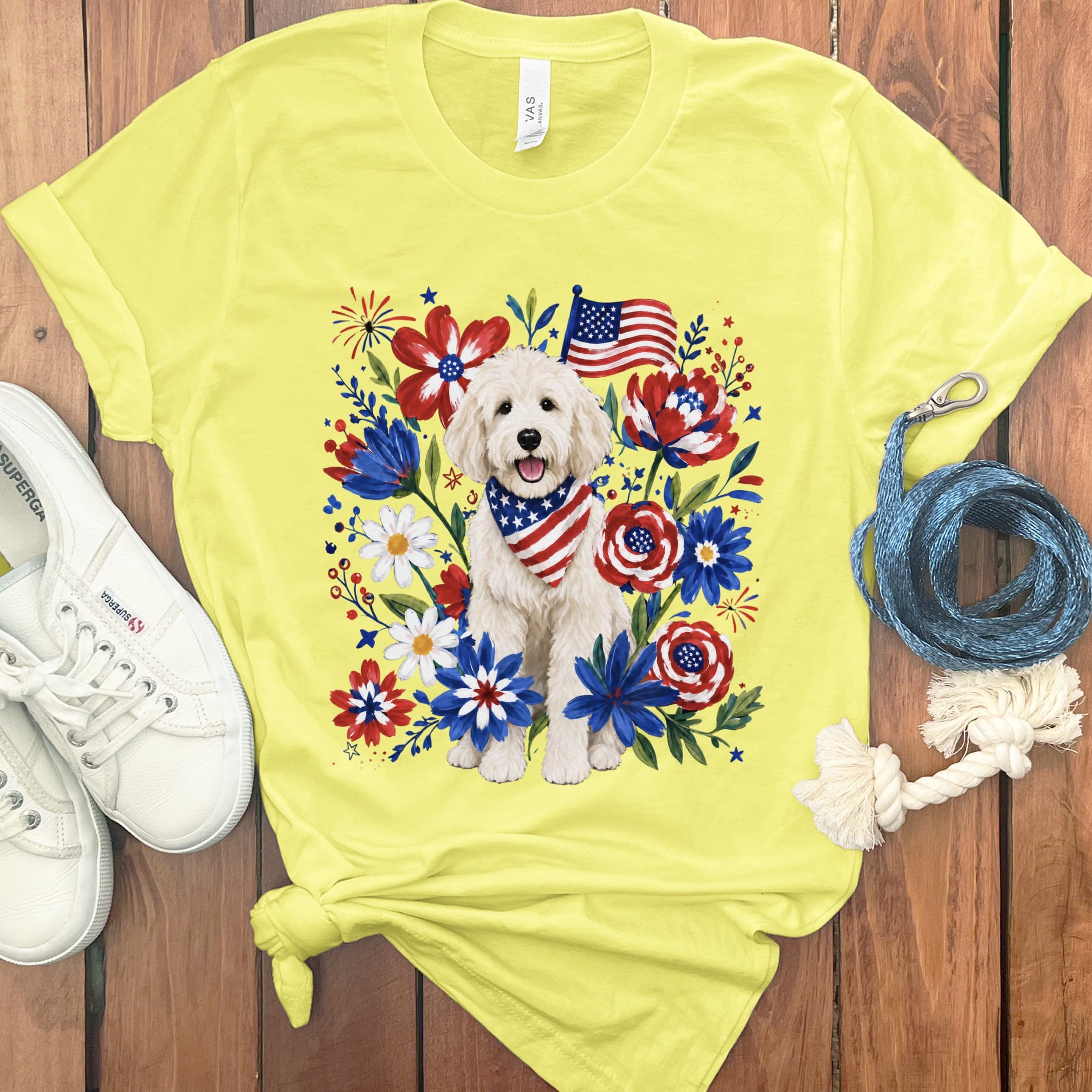 Cream Goldendoodle Floral Spirit T-Shirt in Yellow / S by Puppy Jo