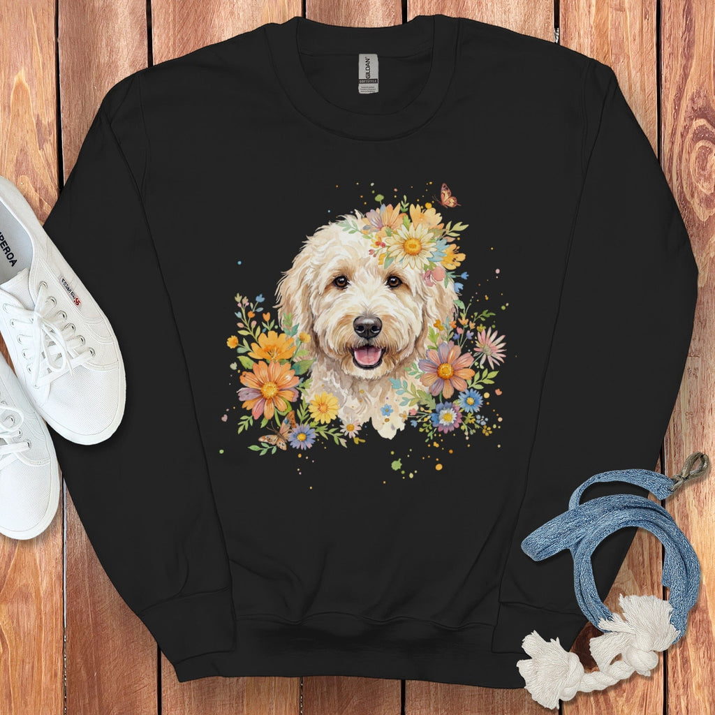 Cream Goldendoodle Floral Sweatshirt in Black / S by Puppy Jo