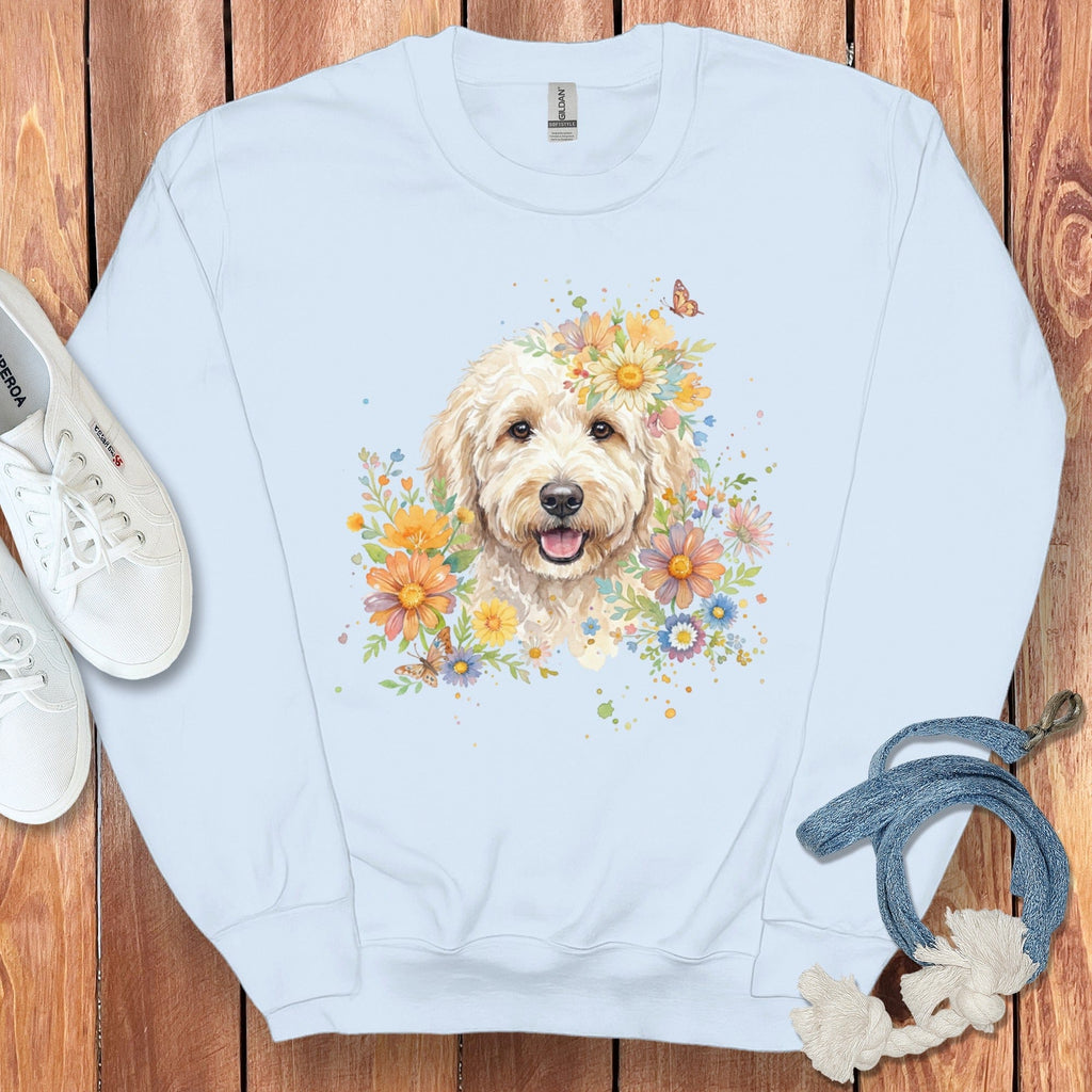 Cream Goldendoodle Floral Sweatshirt in Light Blue / S by Puppy Jo