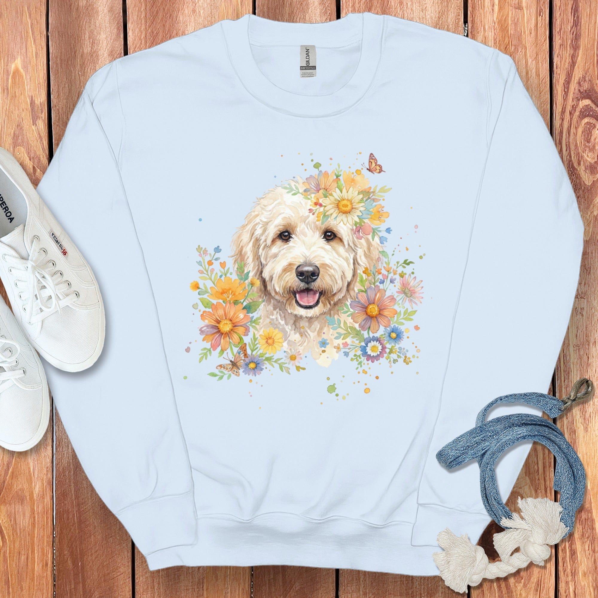 Cream Goldendoodle Floral Sweatshirt in Light Blue / S by Puppy Jo